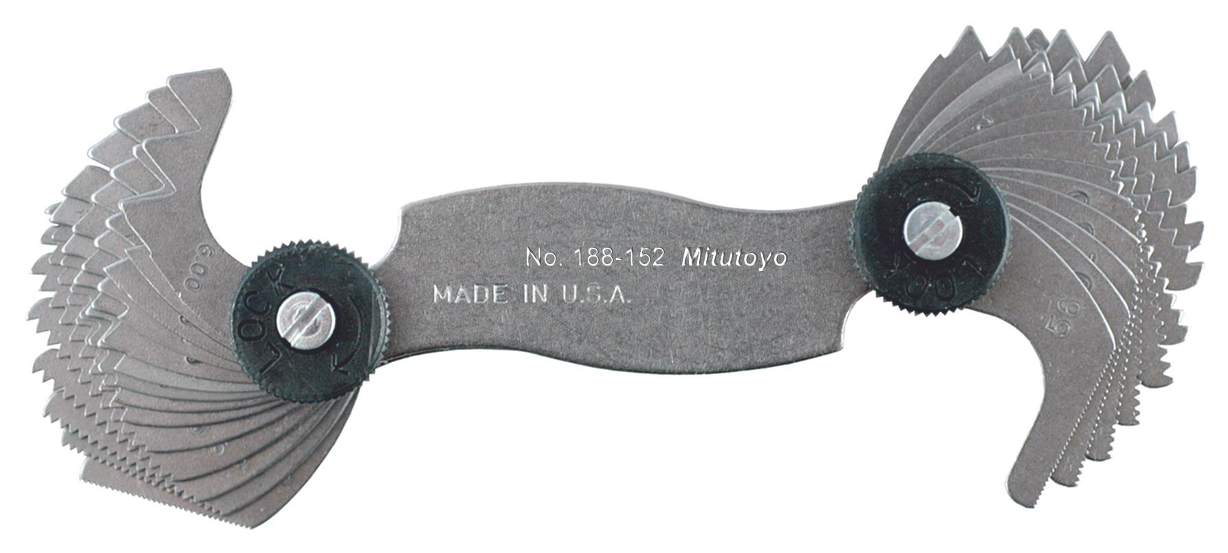 Mitutoyo, 188-152, 4-56 TPI/0.5-6mm, 60 Degrees, Screw Pitch Gage Set, 28 Leaves (4, 6, 8, 10, 11, 11.5 12, 13, 16, 20, 28, 32, 40, 56 TPI) ( 0.5, 0.75, 1, 1.23, 1.5, 1.75, 2-5 by 0.5, 6mm) 