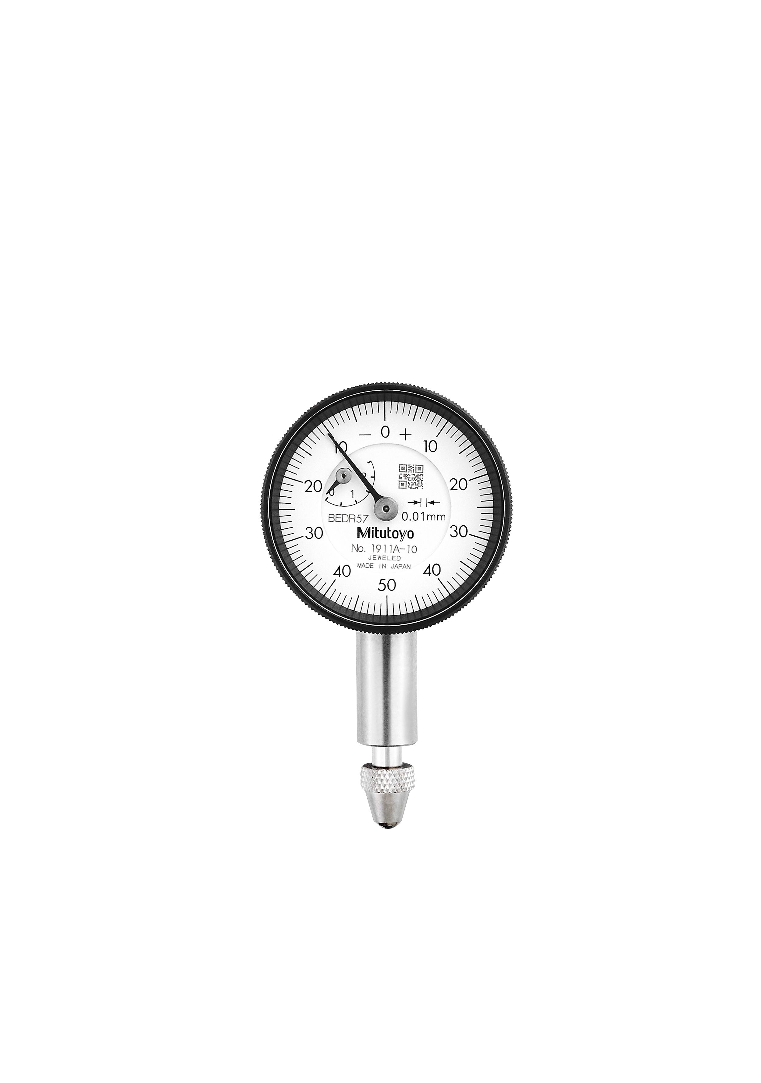 Mitutoyo, 1911A-10, 0.01mm, 2.5mm/(1mm per rev) Dial Indicator, 0-50-0, Lug Back, 8mm stem, Series 0, Compact Type, Jeweled