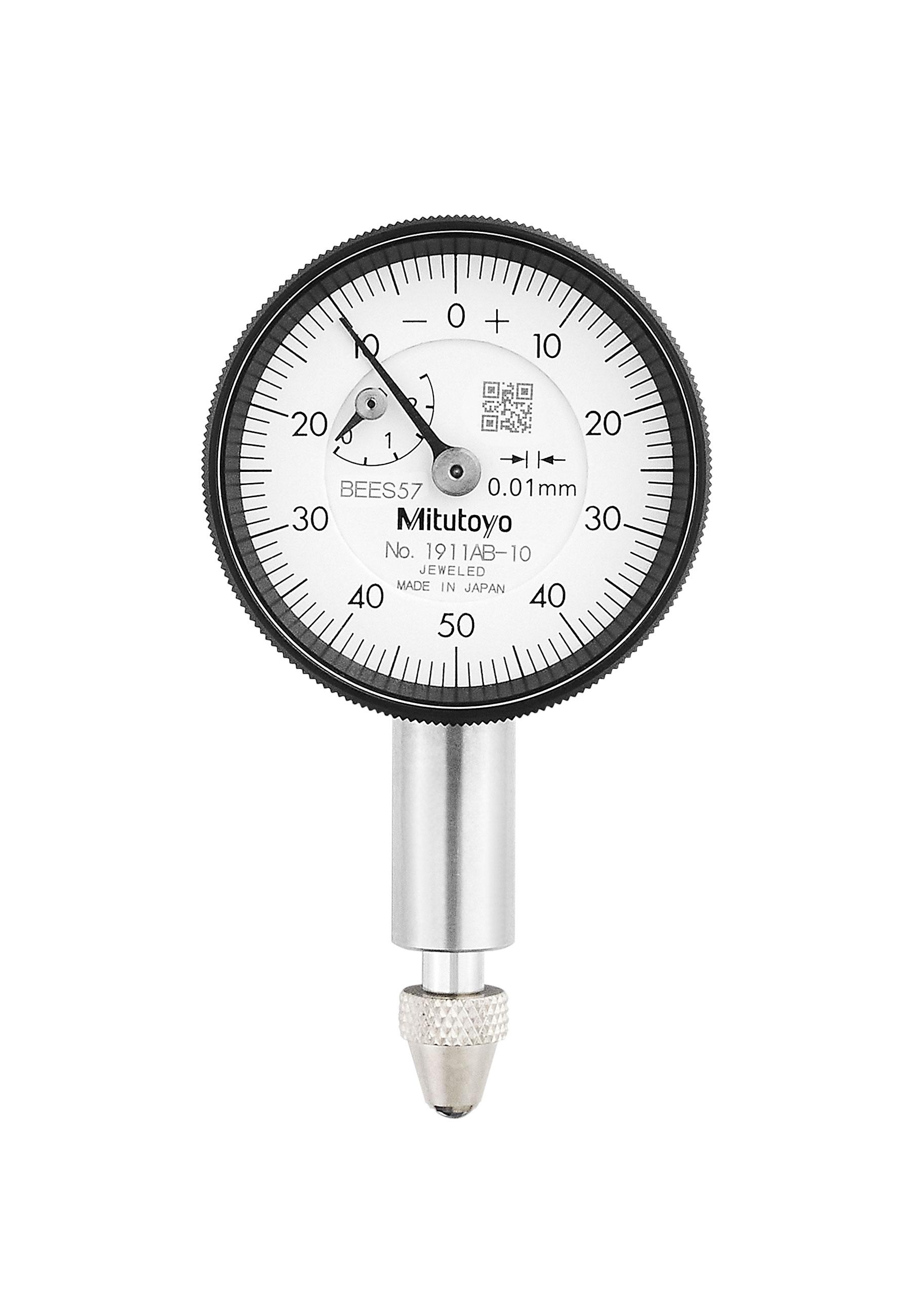 Mitutoyo, 1911AB-10, 0.01mm, 2.5mm/(1mm per rev) Dial Indicator, 0-50-0, Flat Back, 8mm stem, Series 0, Compact Type, Jeweled