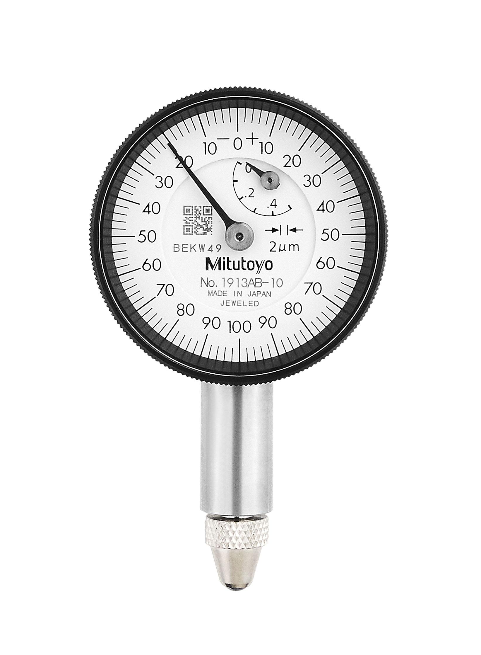 Mitutoyo, 1913AB-10, 0.002mm, 0.5mm/(.2mm per rev) Dial Indicator, 0-100-0, Flat Back, 8mm stem, Series 0, Compact Type, Jeweled