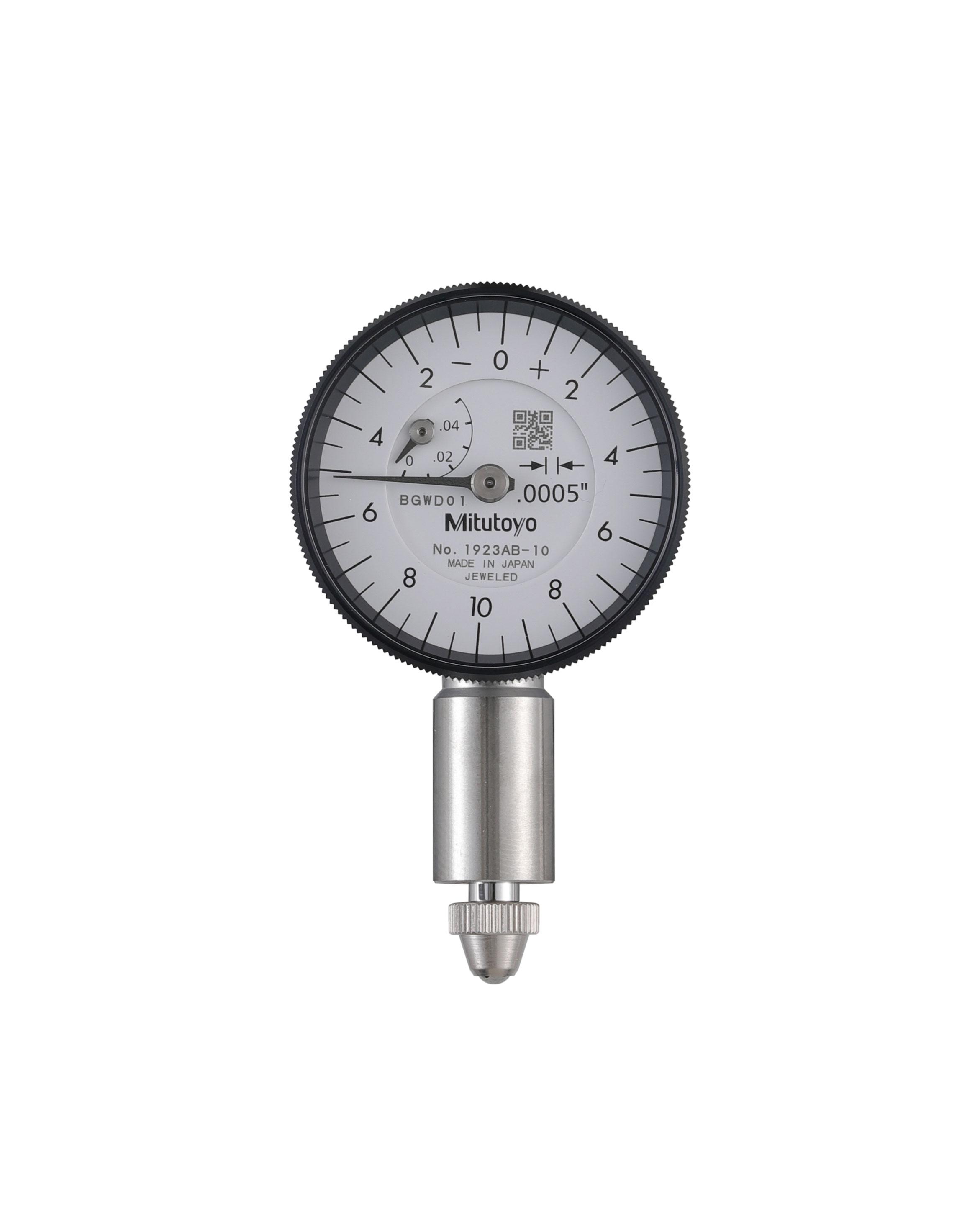 Mitutoyo, 1923AB-10, .0005 In, .05 In/(.02 In per rev) Dial Indicator, 0-5-0, Flat Back, Series 0, 3/8 In stem diameter, Jeweled