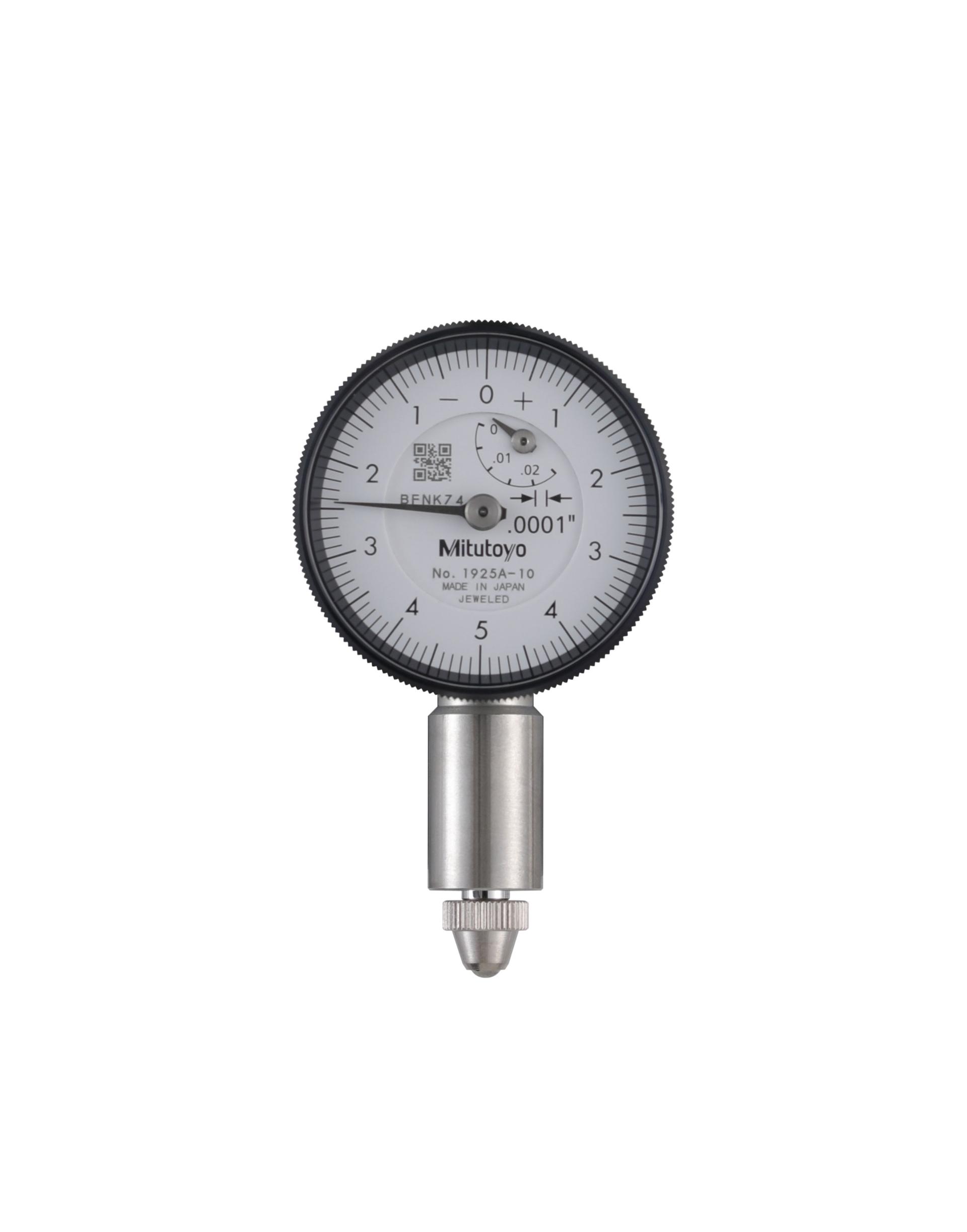Mitutoyo, 1925A-10, .0001 In, .025 In/(.01 In per rev) Dial Indicator, 0-5-0, Lug Back, Series 0, 3/8 In stem diameter, Jeweled