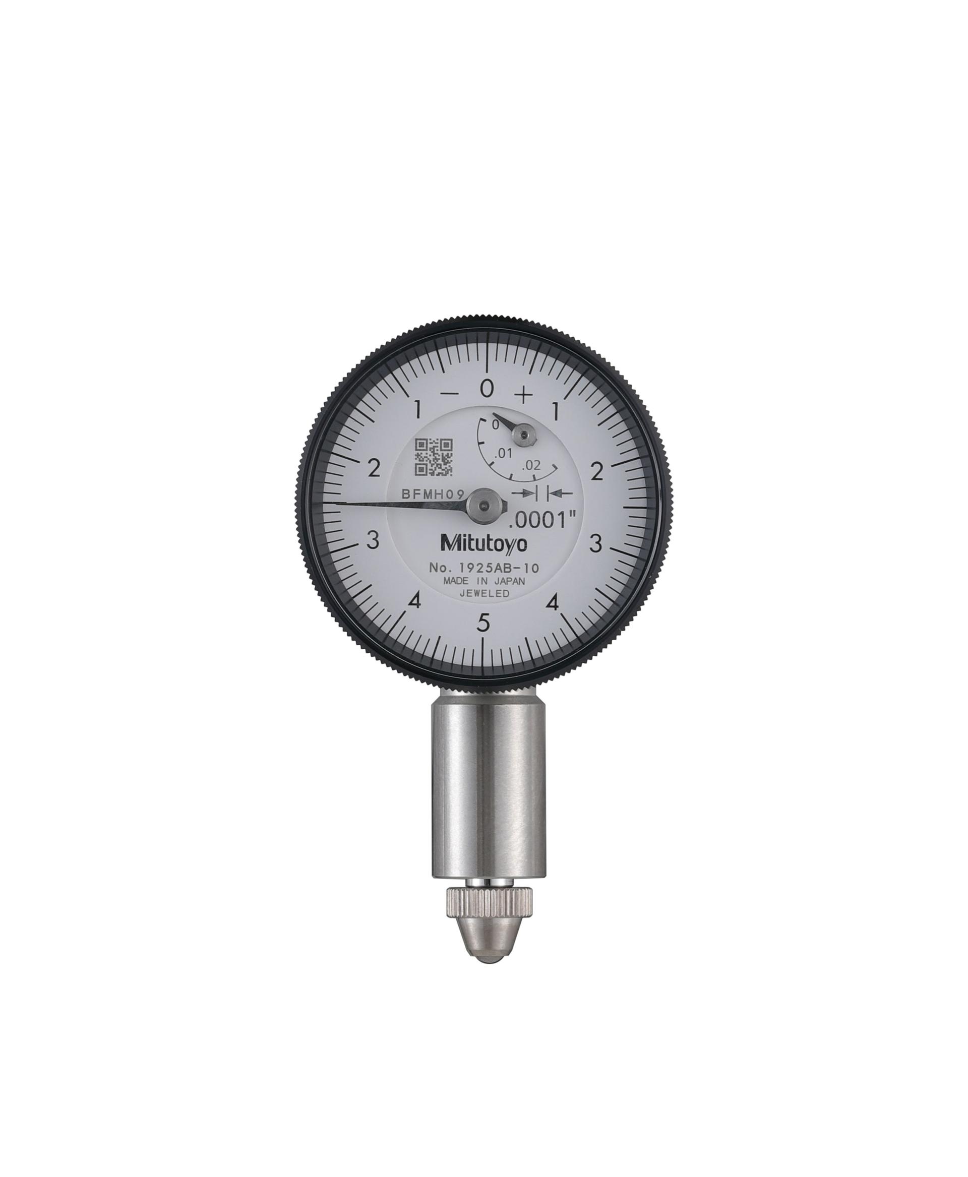 Mitutoyo, 1925AB-10, .0001 In, .025 In/(.01 In per rev) Dial Indicator, 0-5-0,Flat Back, Series 0, 3/8 In stem diameter, Jeweled