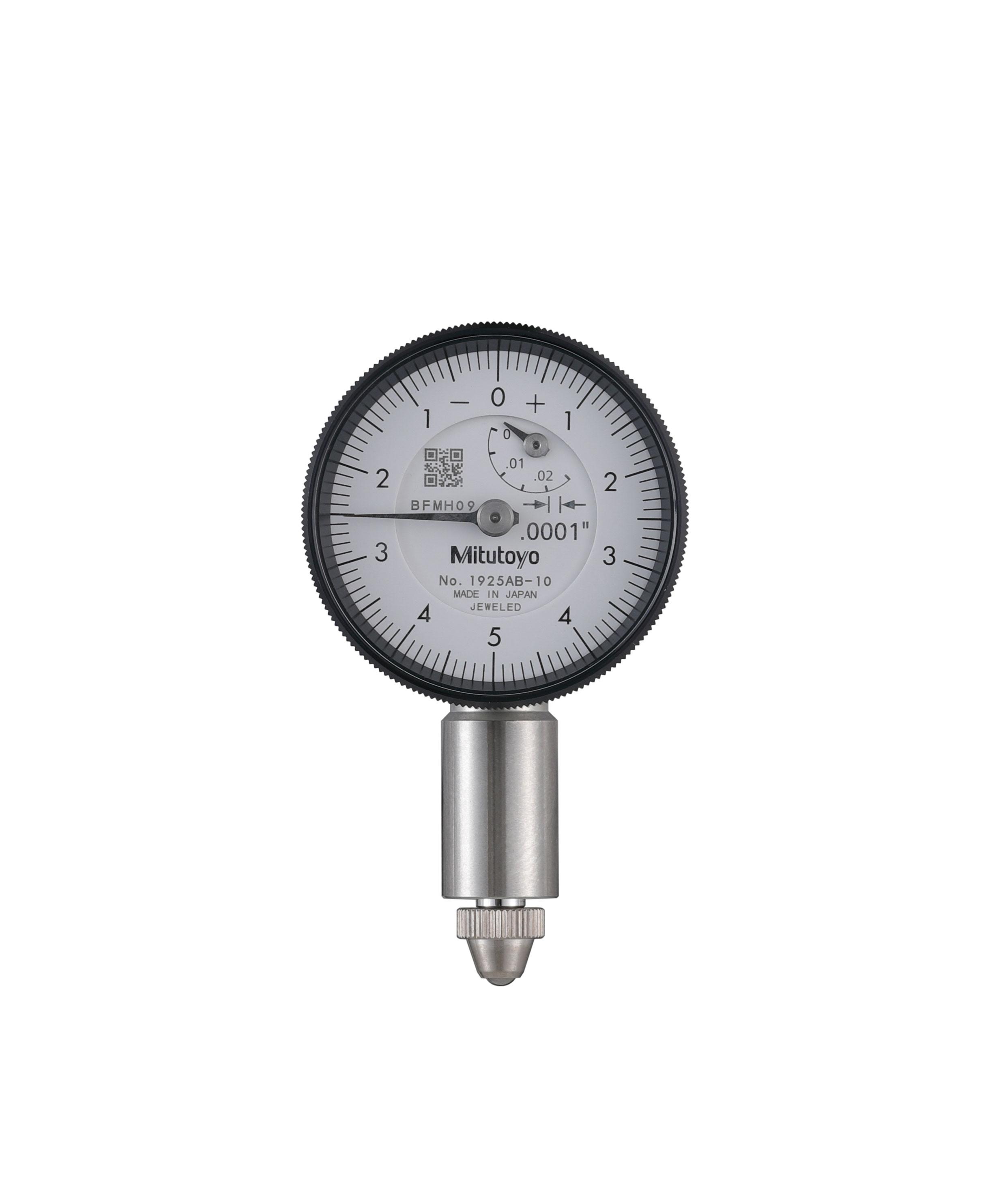 Mitutoyo, 1925AB-10, .0001 In, .025 In/(.01 In per rev) Dial Indicator, 0-5-0,Flat Back, Series 0, 3/8 In stem diameter, Jeweled
