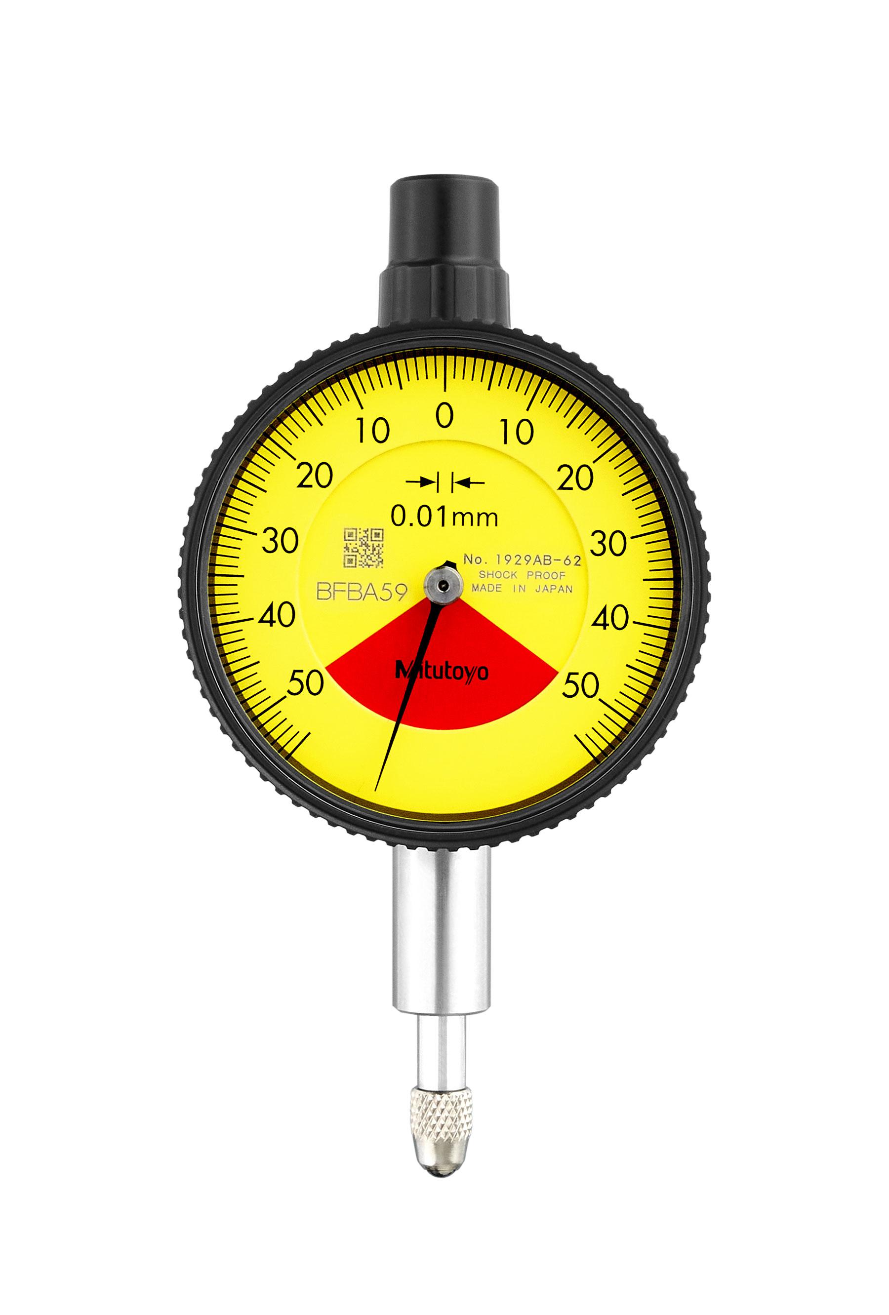 Mitutoyo, 1929AB-62, 0.01mm, 1mm/1.4mm Dial Indicator, 50-0-50, Flat Back, 8mm stem, Series 1, Compact One Rev, Shockproof, Waterproof