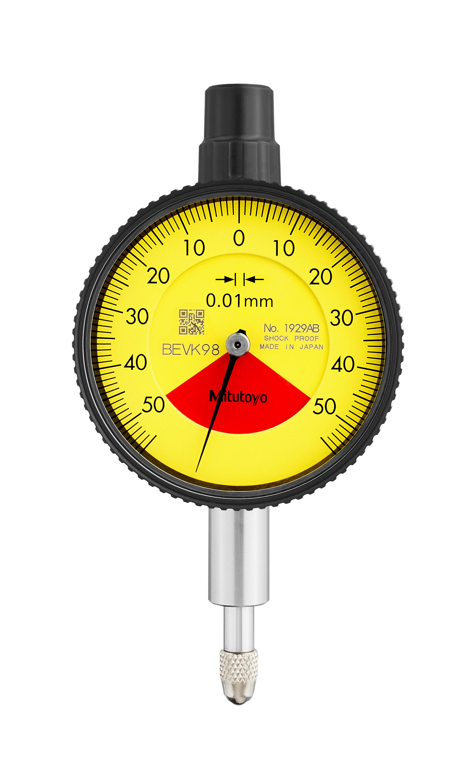 Mitutoyo, 1929AB, 0.01mm, 1mm/1.4mm Dial Indicator, 50-0-50, Flat Back, 8mm stem, Series 1, Compact One Rev, Shockproof