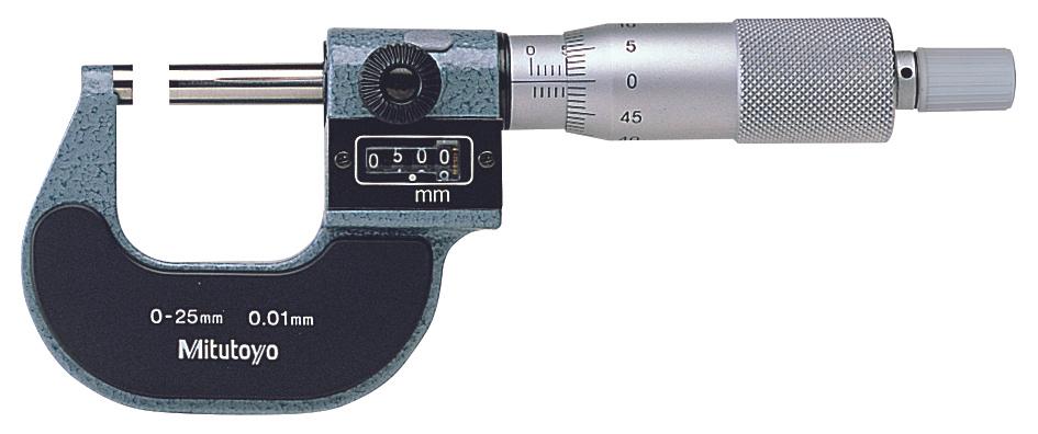 Mitutoyo, 193-101, 0-25mm, 0.01mm Digit Counter Outside Micrometer, Carbide Tip, Ratchet Stop