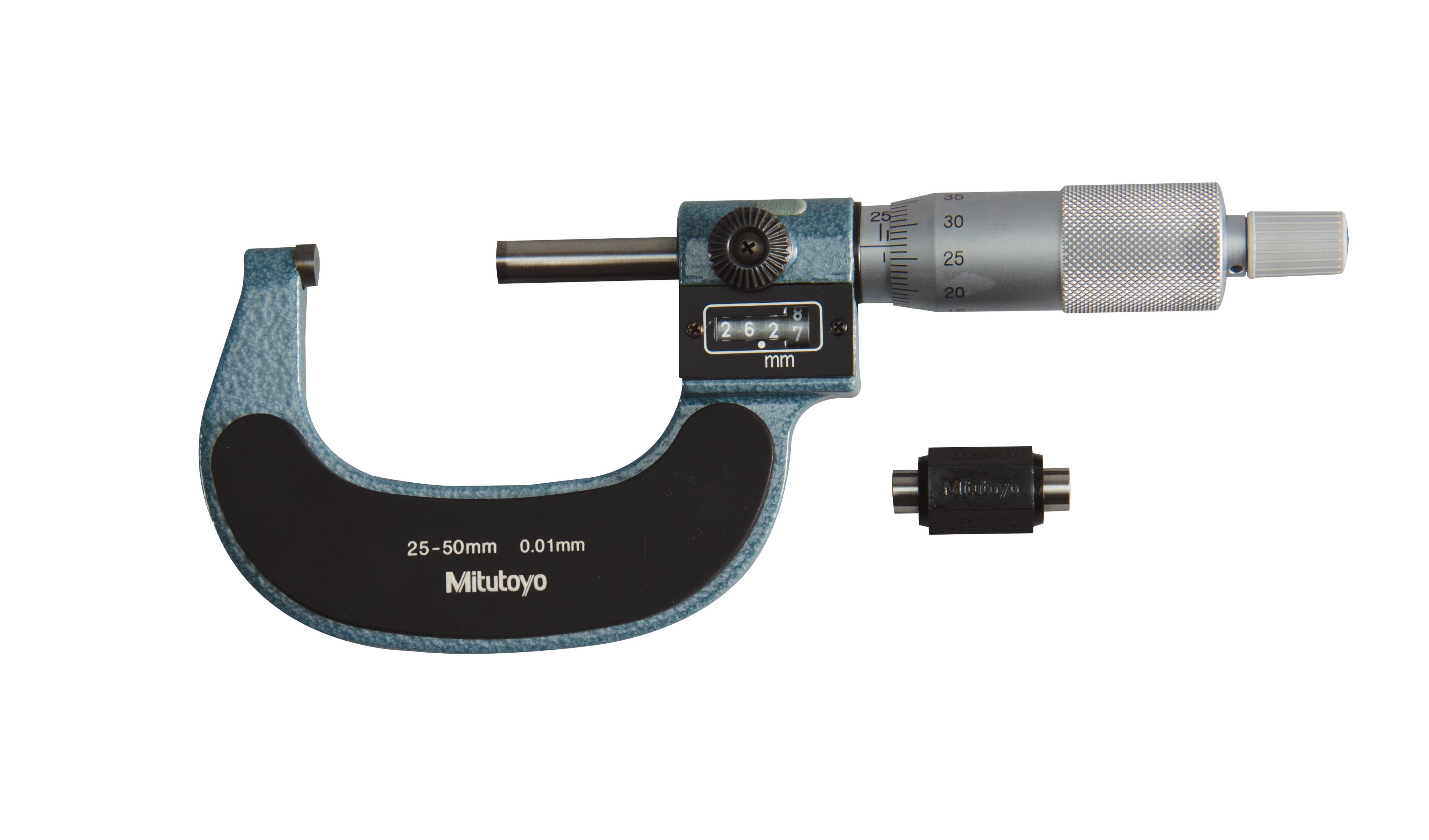 Mitutoyo, 193-102, 25-50mm, 0.01mm Digit Counter Outside Micrometer, Carbide Tip, Ratchet Stop, With Standard