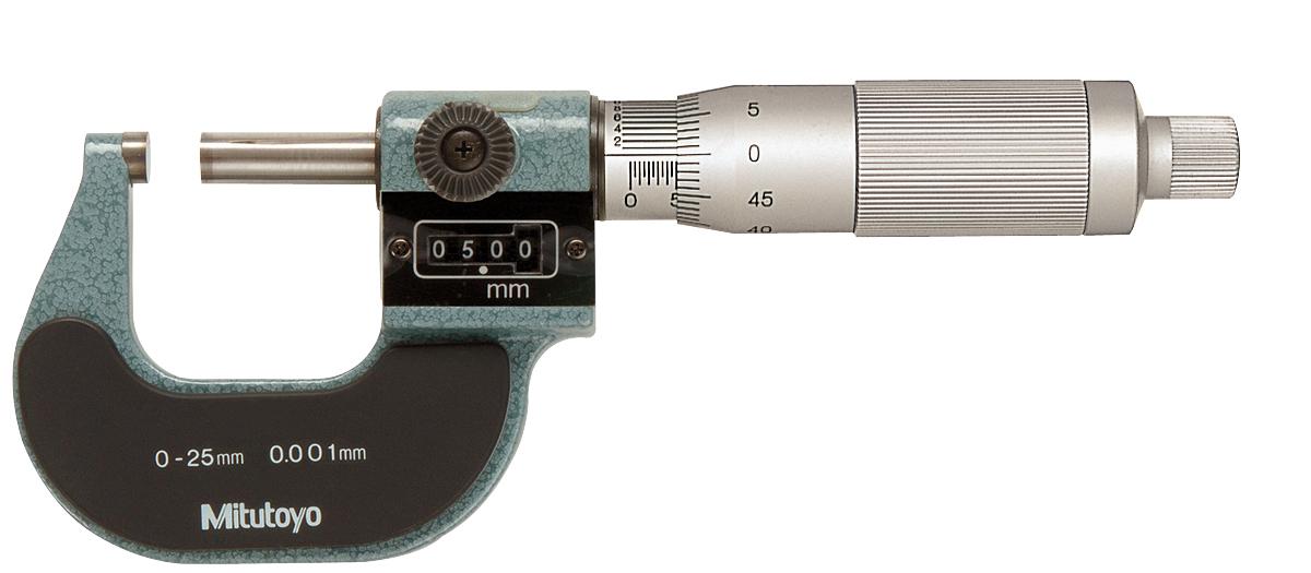 Mitutoyo, 193-111, 0-25mm, 0.001mm Digit Counter Outside Micrometer, Carbide Tip, Ratchet Stop