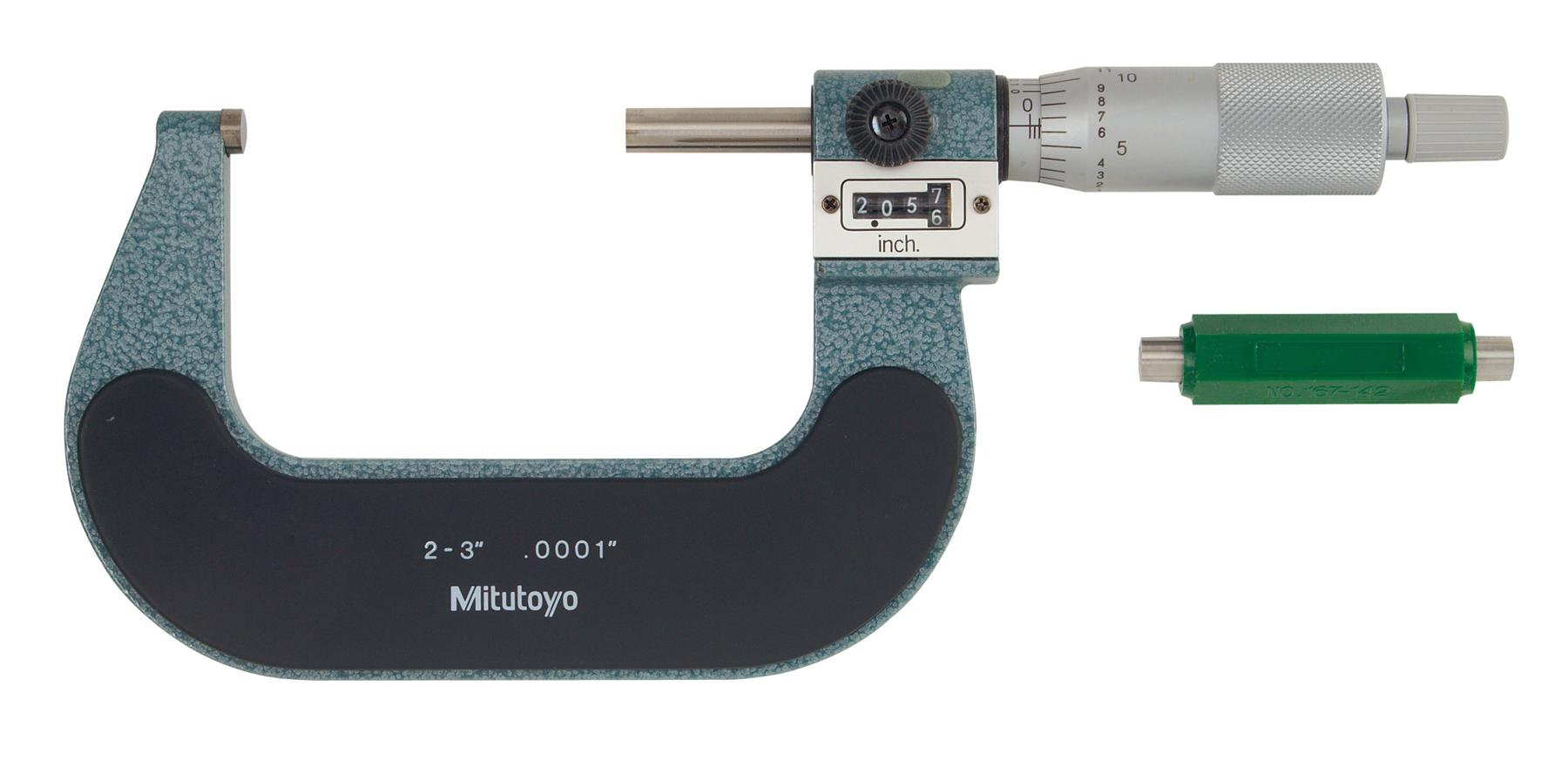 Mitutoyo, 193-213, 2-3 In, .0001 In Digit Counter Outside Micrometer, Carbide Tip, Ratchet Stop, With Standard