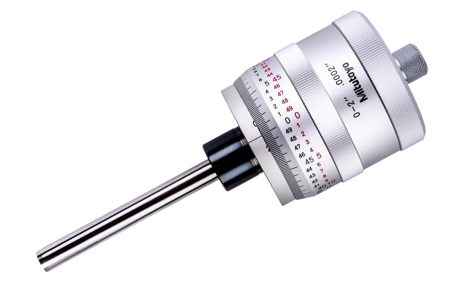 Mitutoyo, 197-201, Micrometer Head, non-rotating spindle and large thimble, 0-2 inch range, +/- .0002 inch accuracy, .709 inch stem diameter, plain, flat (carbide tip) spindle face, bidirectional graduation