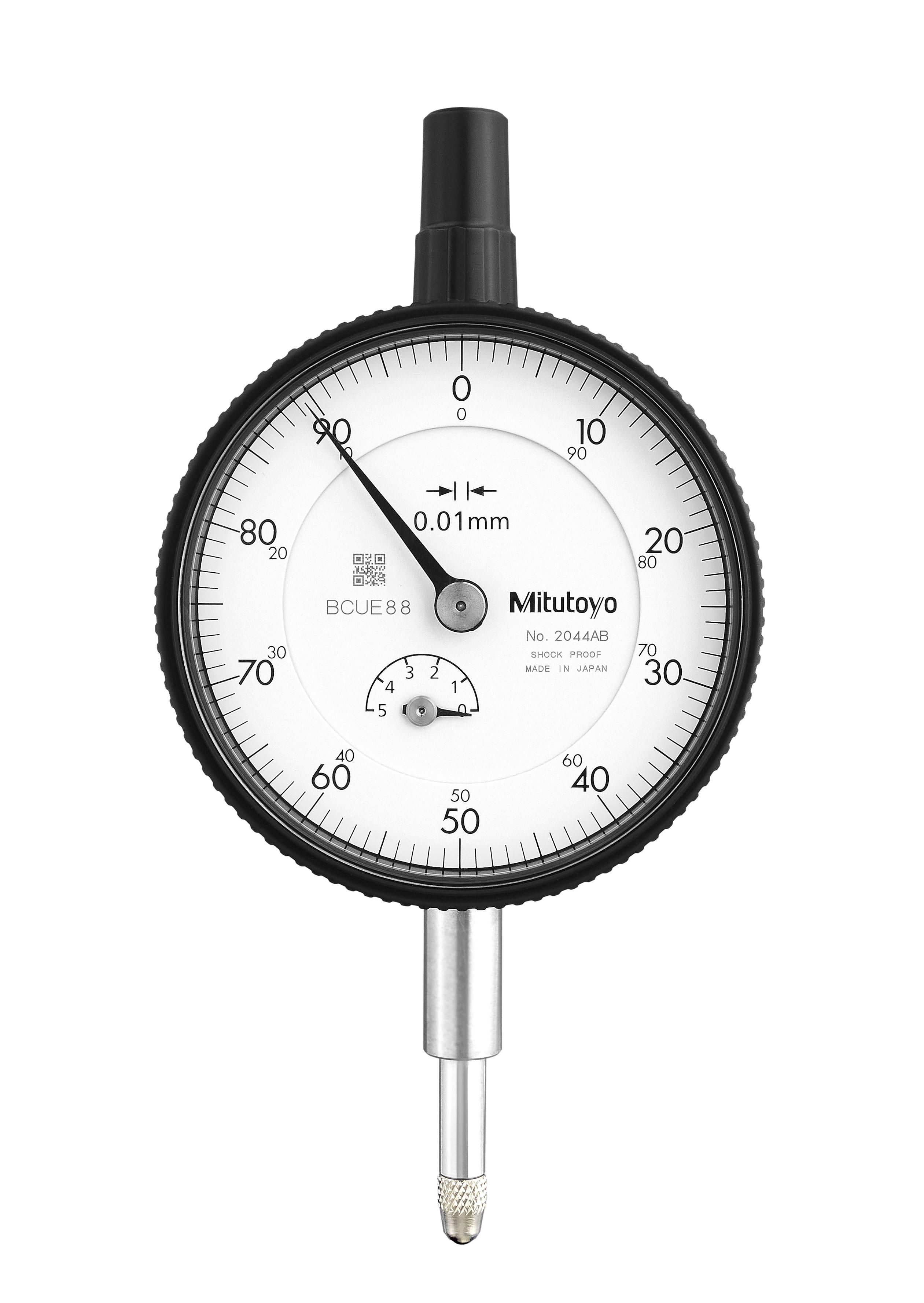 Mitutoyo, 2044AB, 0.01mm, 5mm/(1mm per rev) Dial Indicator, 0-100, Flat Back, 8mm stem, Series 2, Shockproof