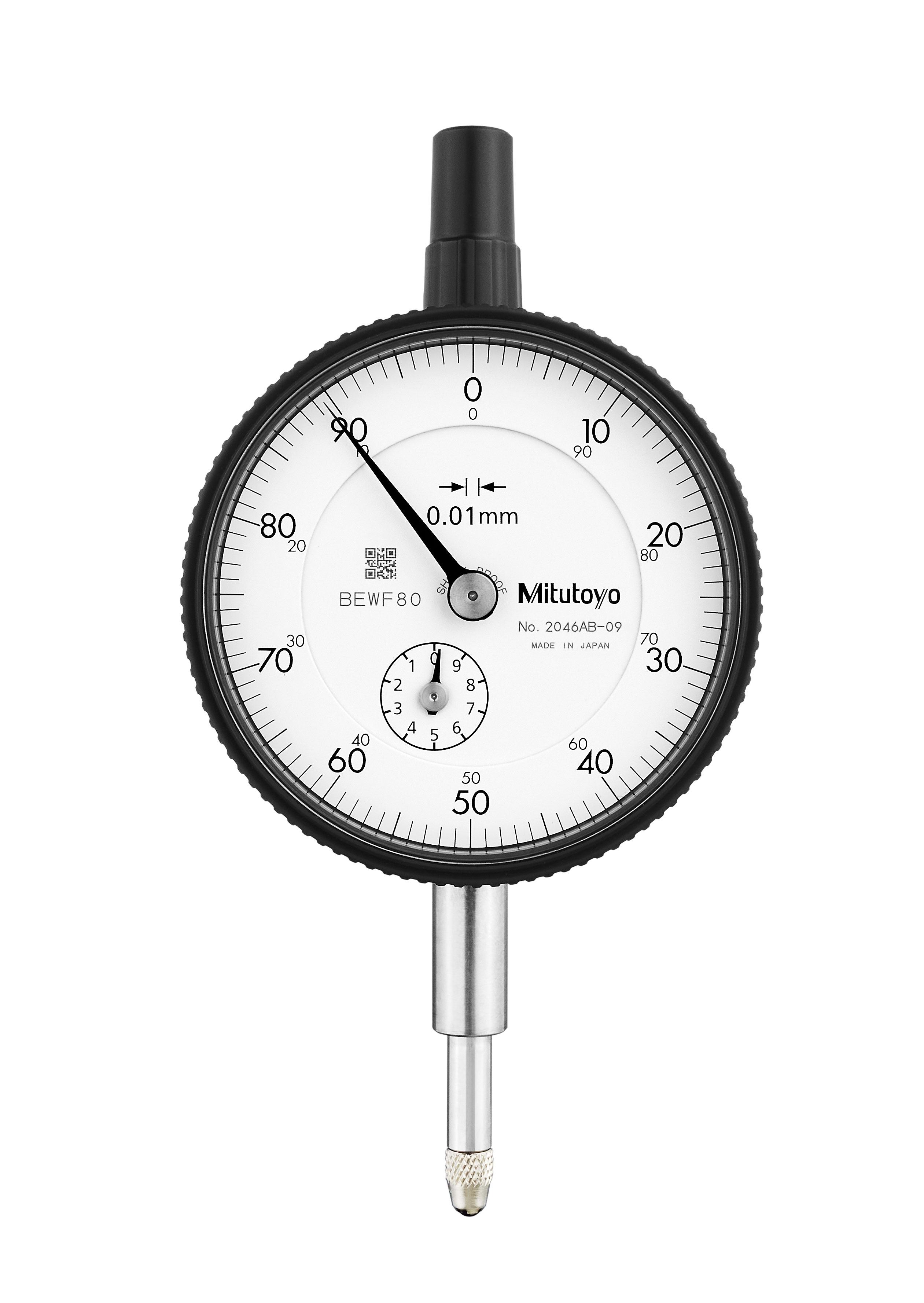 Mitutoyo, 2046AB-09, 0.01mm, 10mm/(1mm per rev) Dial Indicator, 0-100, Flat Back, 8mm stem, Series 2, Shockproof