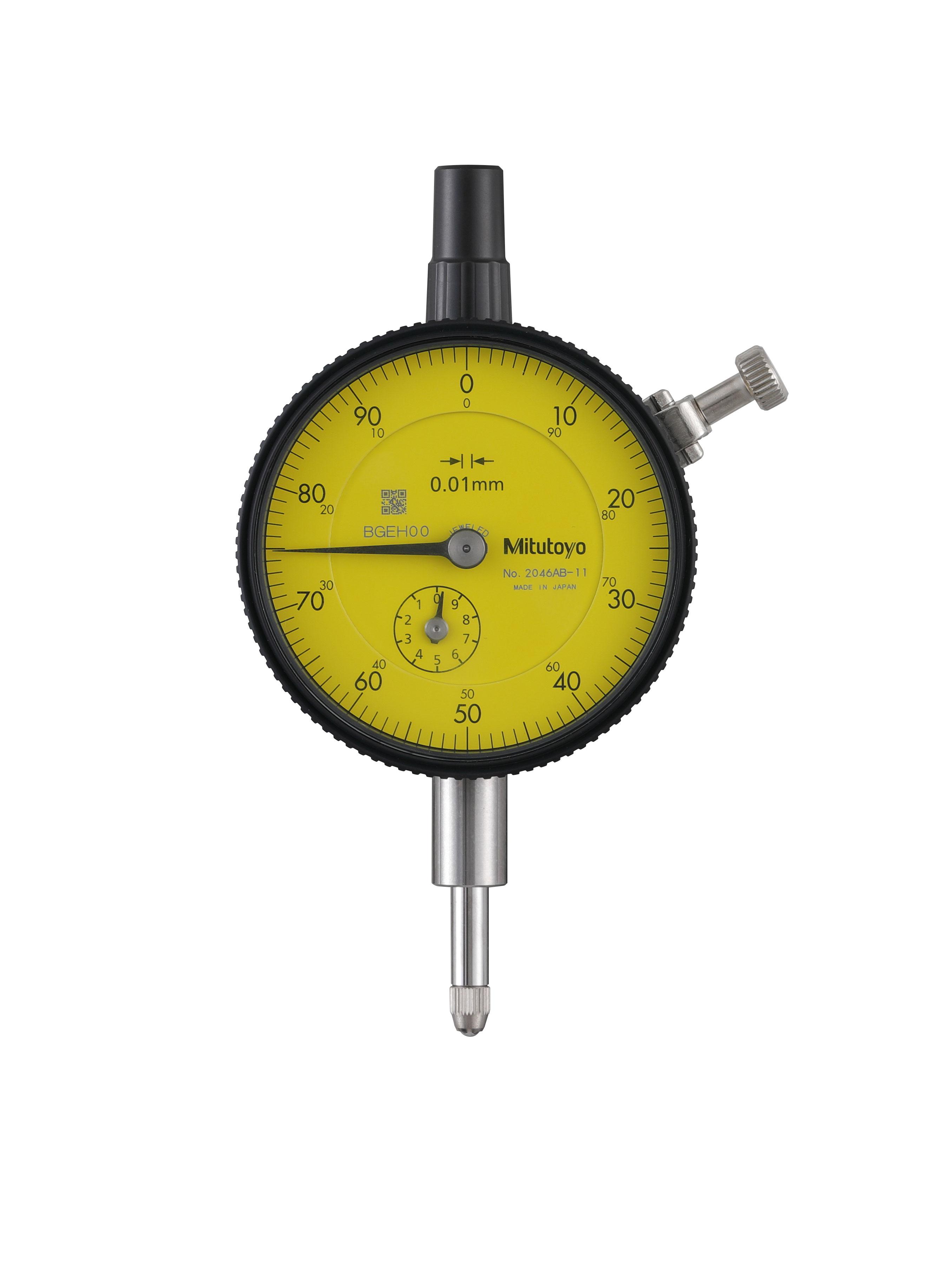 Mitutoyo, 2046AB-11, 0.01mm, 10mm/(1mm per rev) Dial Indicator, 0-100, Flat Back, 3/8 In stem, Series 2, Jeweled