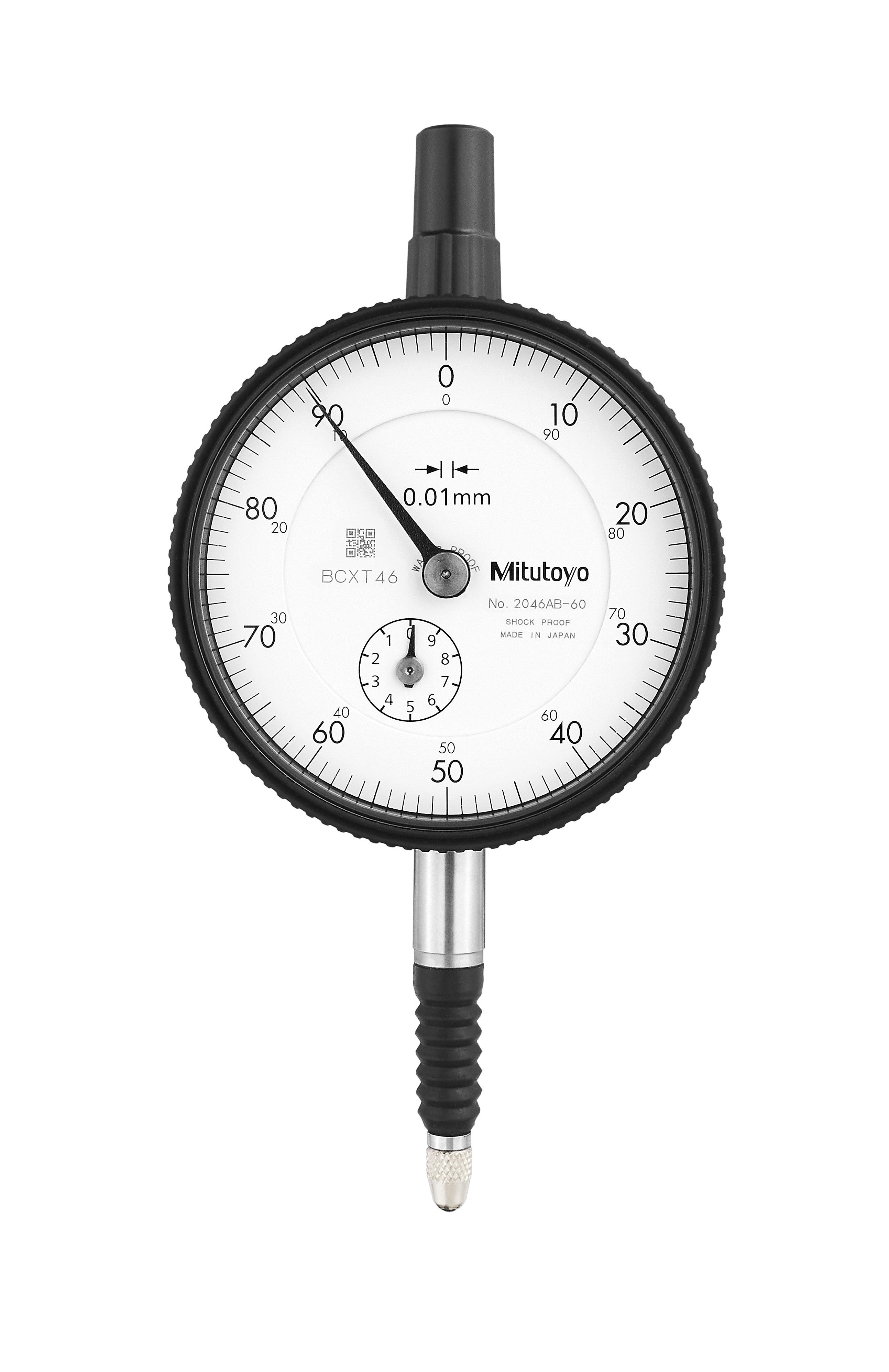 Mitutoyo, 2046AB-60, 0.01mm, 10mm/(1mm per rev) Dial Indicator, 0-100,Flat Back, 8mm Stem, Series 2, Waterproof