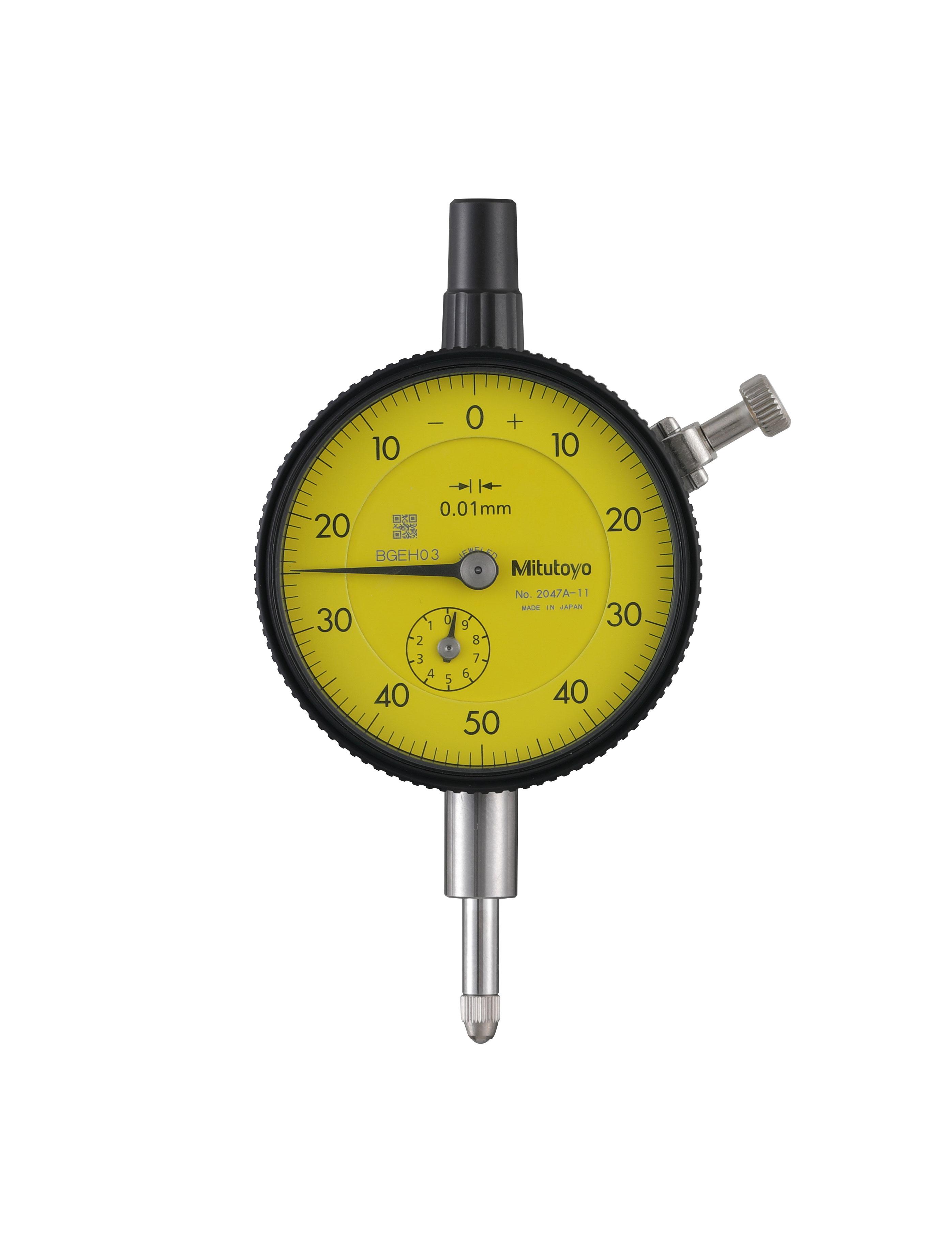 Mitutoyo, 2047A-11, 0.01mm, 10mm/(1mm per rev) Dial Indicator, 0-50-0, Lug Back, 3/8 In stem, Series 2, Jeweled