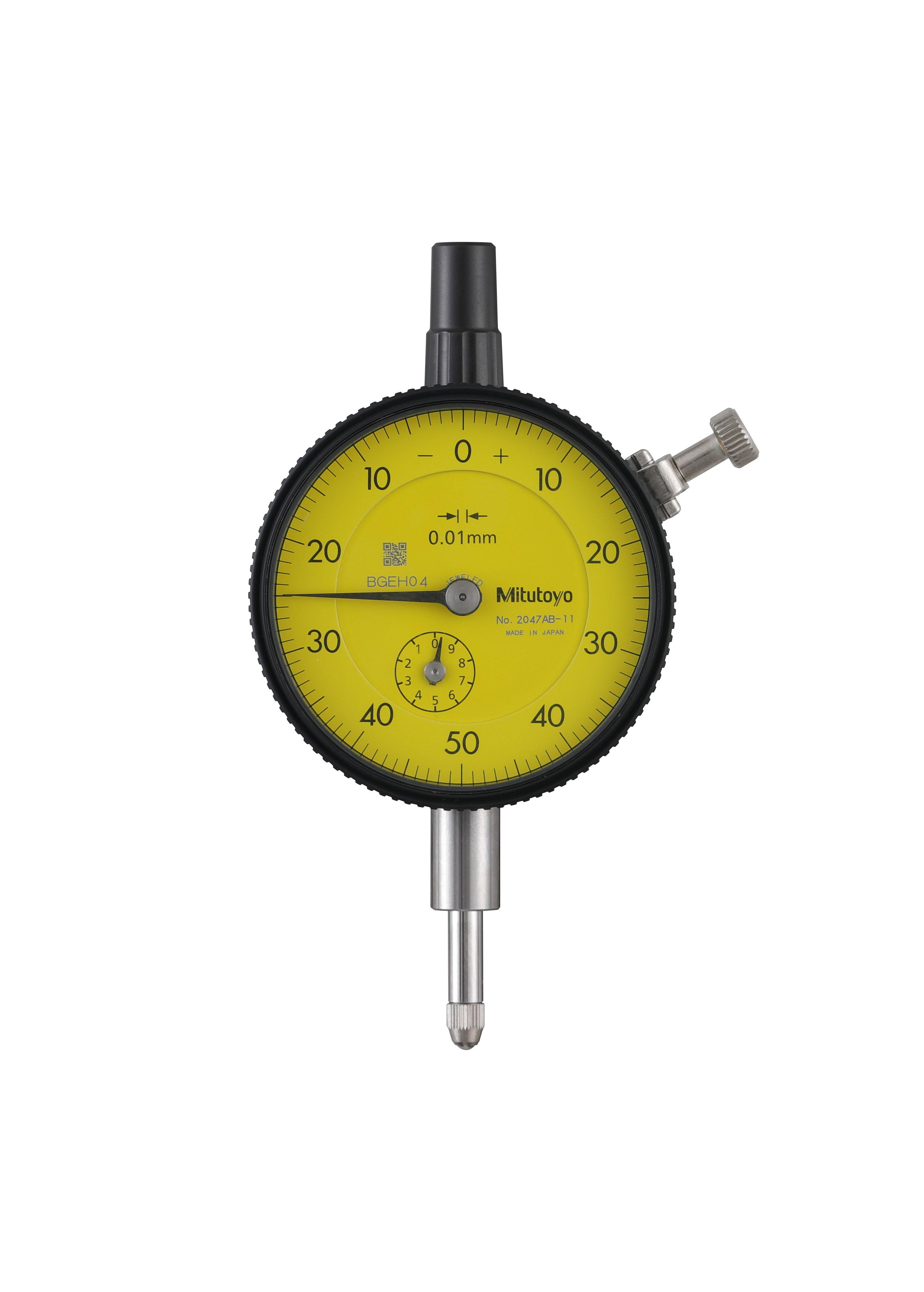 Mitutoyo, 2047AB-11, 0.01mm, 10mm/(1mm per rev) Dial Indicator, 0-50-0, Flat Back, 3/8 In stem, Series 2, Jeweled