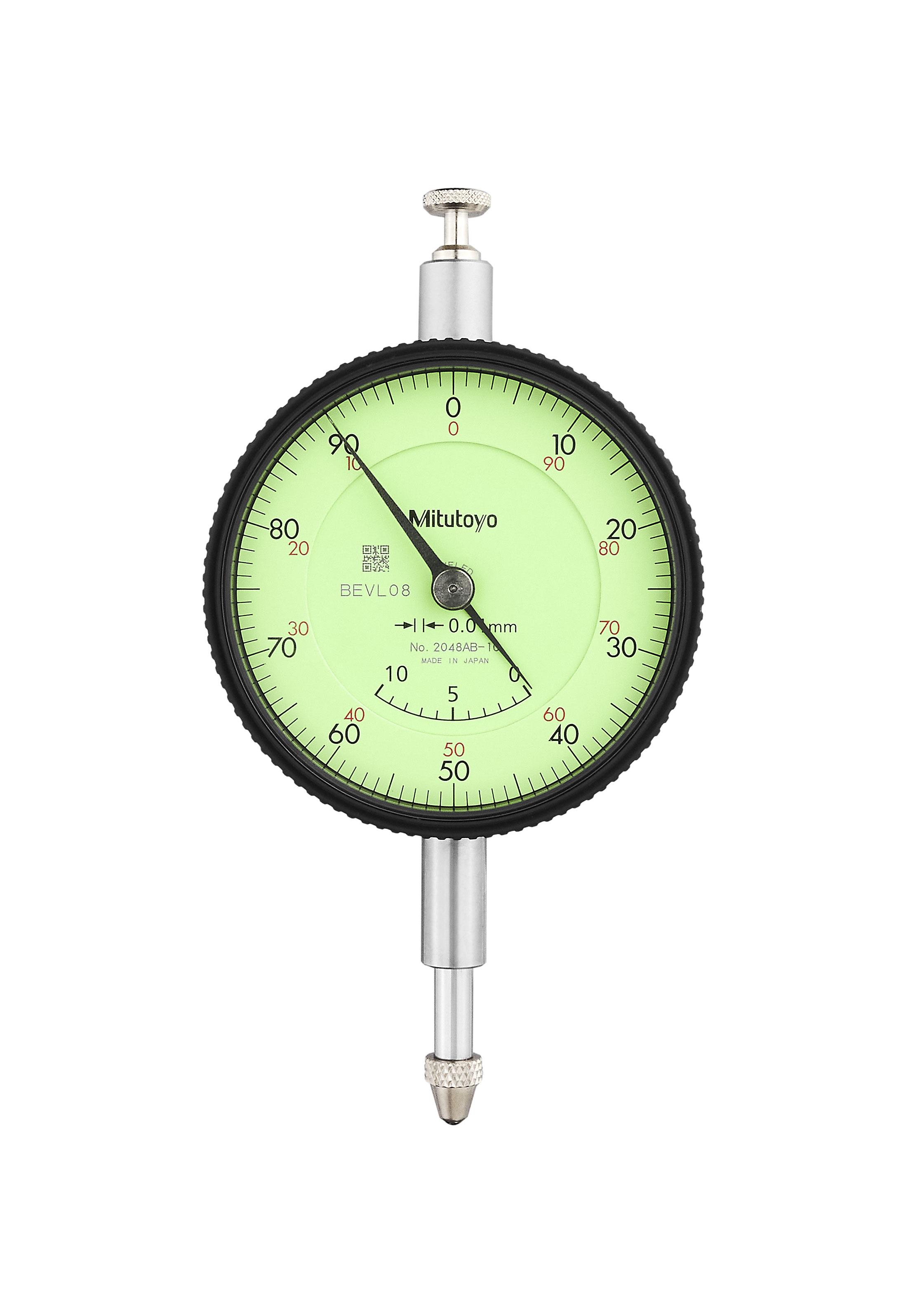 Mitutoyo, 2048AB-10, 0.01mm, 10mm/(1mm per rev) Dial Indicator, 0-100, Flat Back, 8mm stem, Series 2, Jeweled, Adjustable Hand