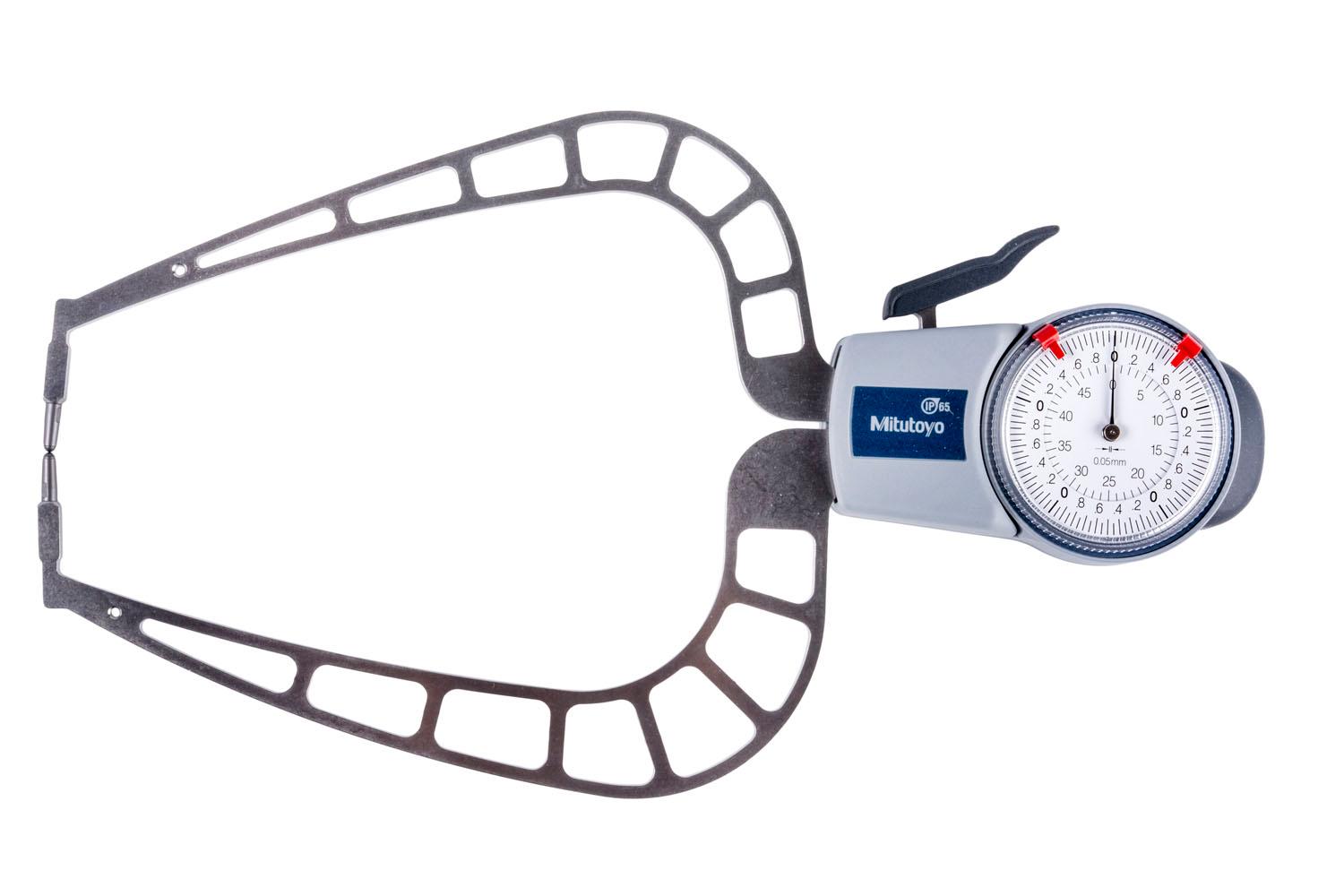 Mitutoyo, 209-911, Dial Caliper Gage, 0-50mm range, .05mm graduation, +/-0.05mm accuracy, 167mm max measuring depth, 30mm length Hb, 30mm length Hf, KK measuring contact, Ball 3mm diameter, Chisel R0.5, 430 grams mass