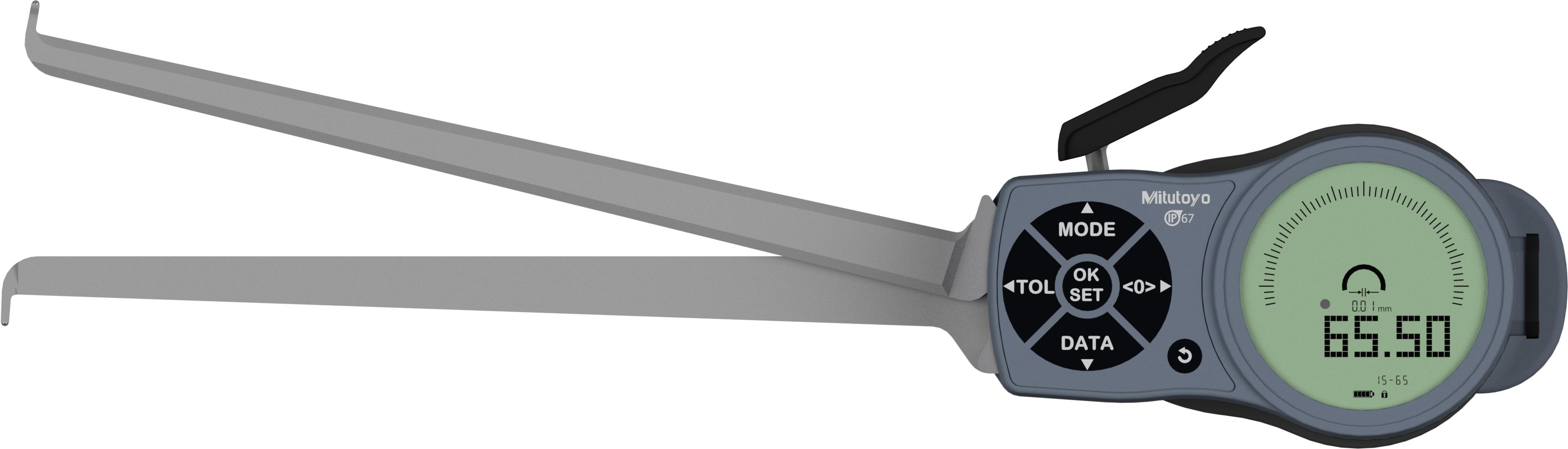 Mitutoyo, 209-945, Digimatic Caliper Gage, internal tube thickness measurement, .59 - 2.56 In/ 15-65mm range, .001 In/0.02mm resolution, .0024 In/0.06mm Accuracy