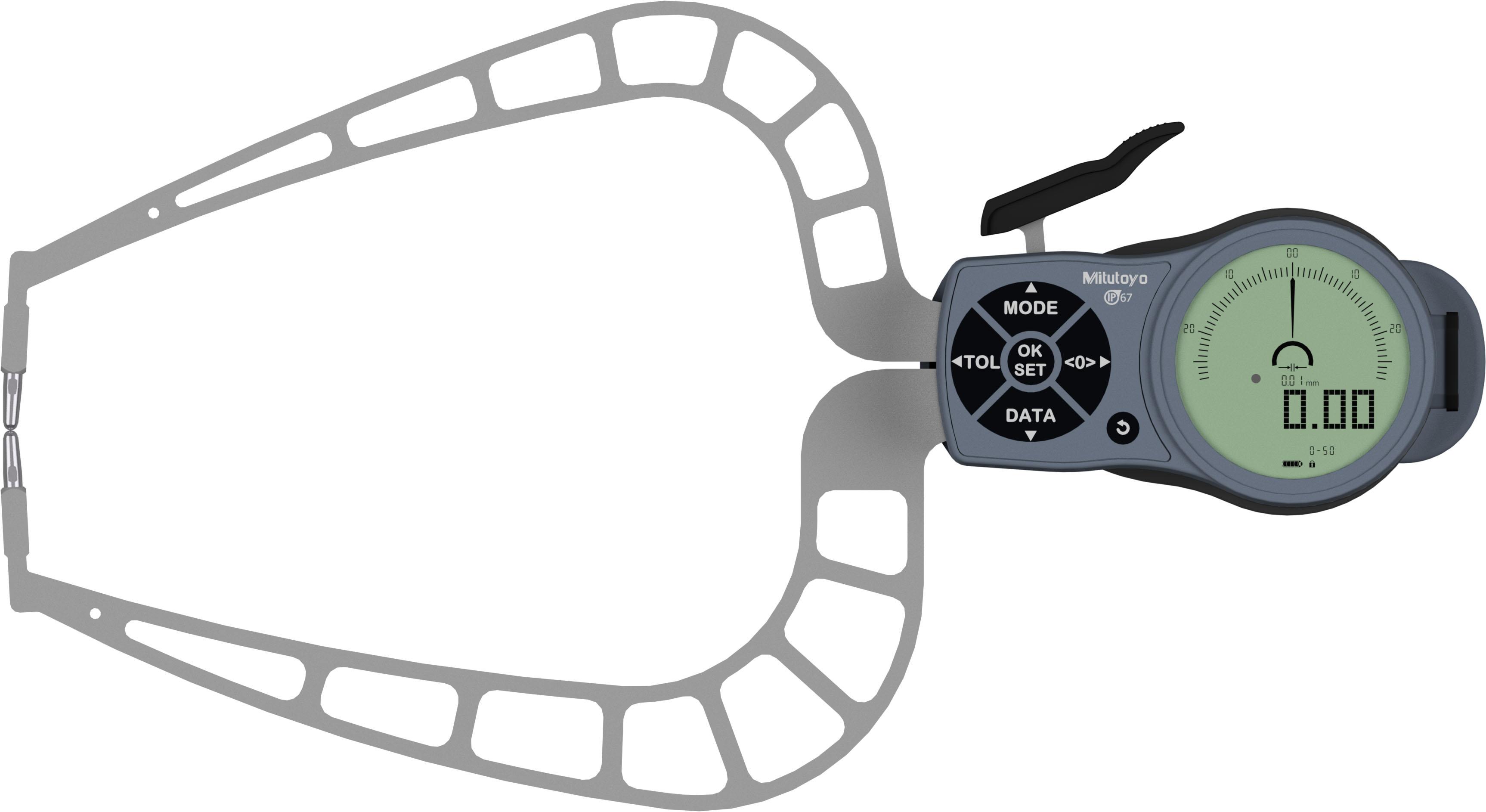Mitutoyo, 209-954, Digimatic Caliper Gage, external tube thickness measurement, 0-1.97 In/0-30mm range, .001 In/0.02mm resolution, .002 In/0.04mm accuracy