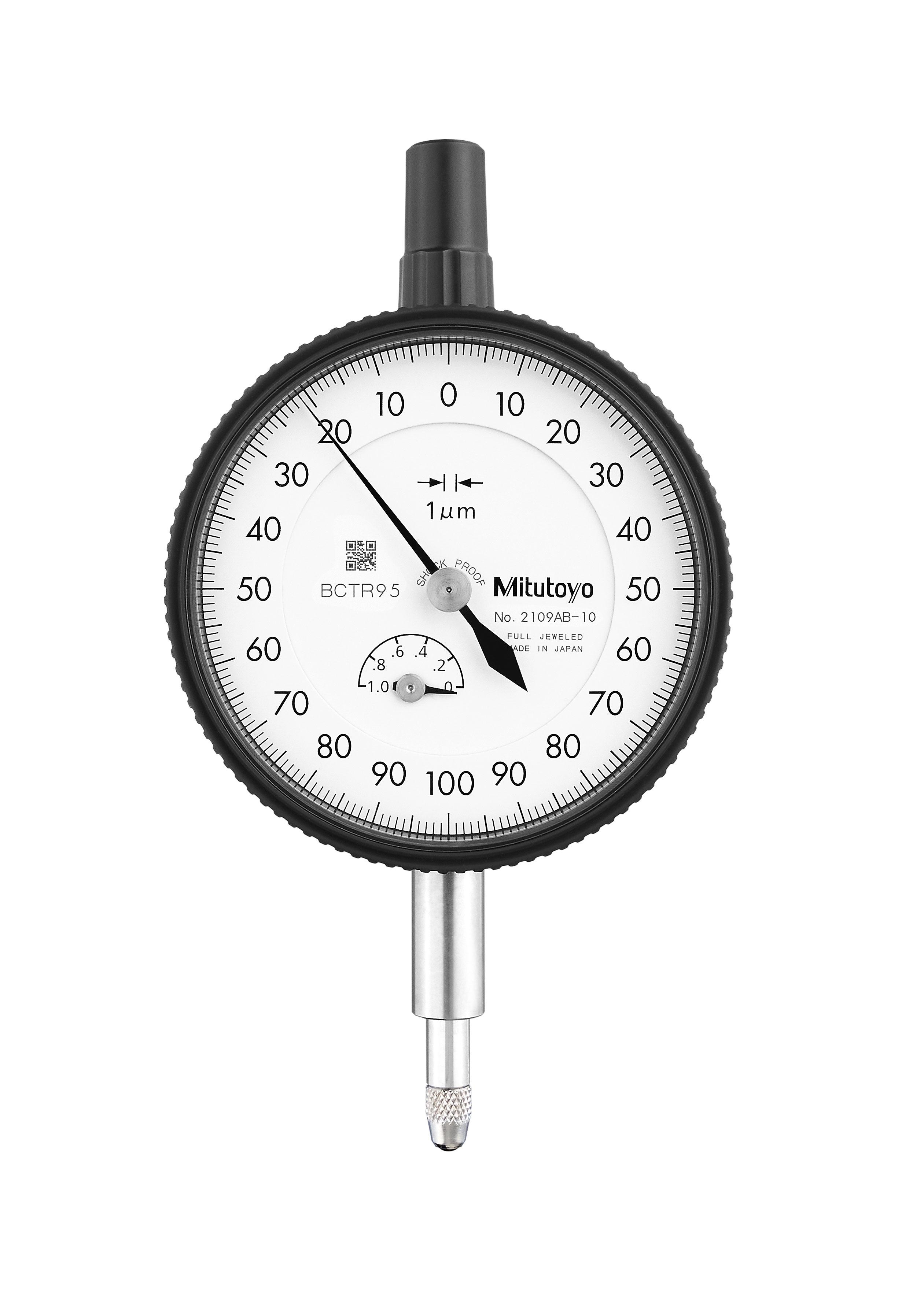 Mitutoyo, 2109AB-10, 0.001mm, 1mm/(0.2mm per rev) Dial Indicator, 0-100-0, Flat Back, 8mm stem, Series 2, Shockproof, Jeweled