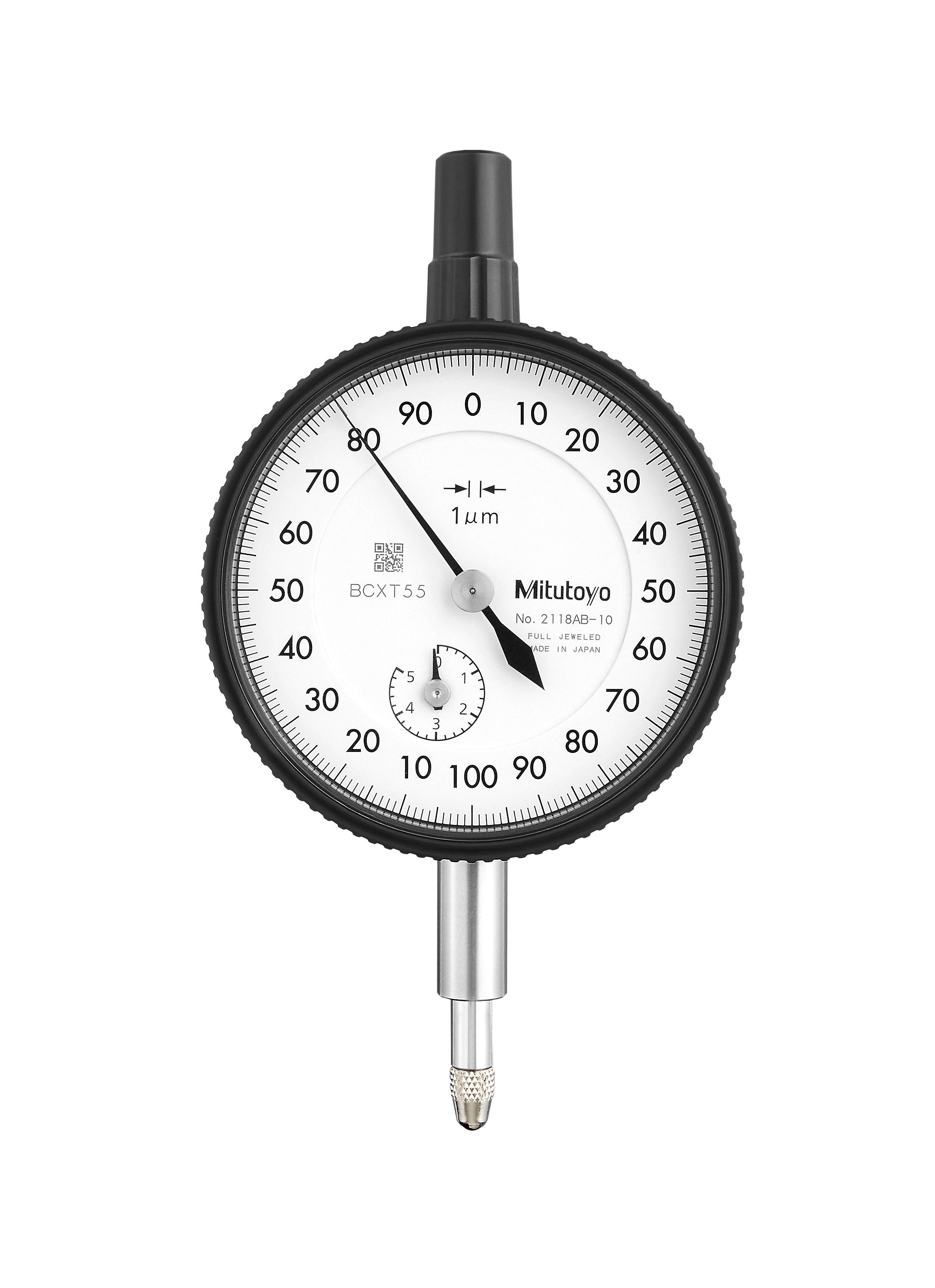 Mitutoyo, 2118AB-10, Dial Indicator,  0.001mm graduation, 5mm range, (0.2mm) range/rev, 0-100-100 dial reading, flat back, +/-.010mm accuracy, 1.5N or less force