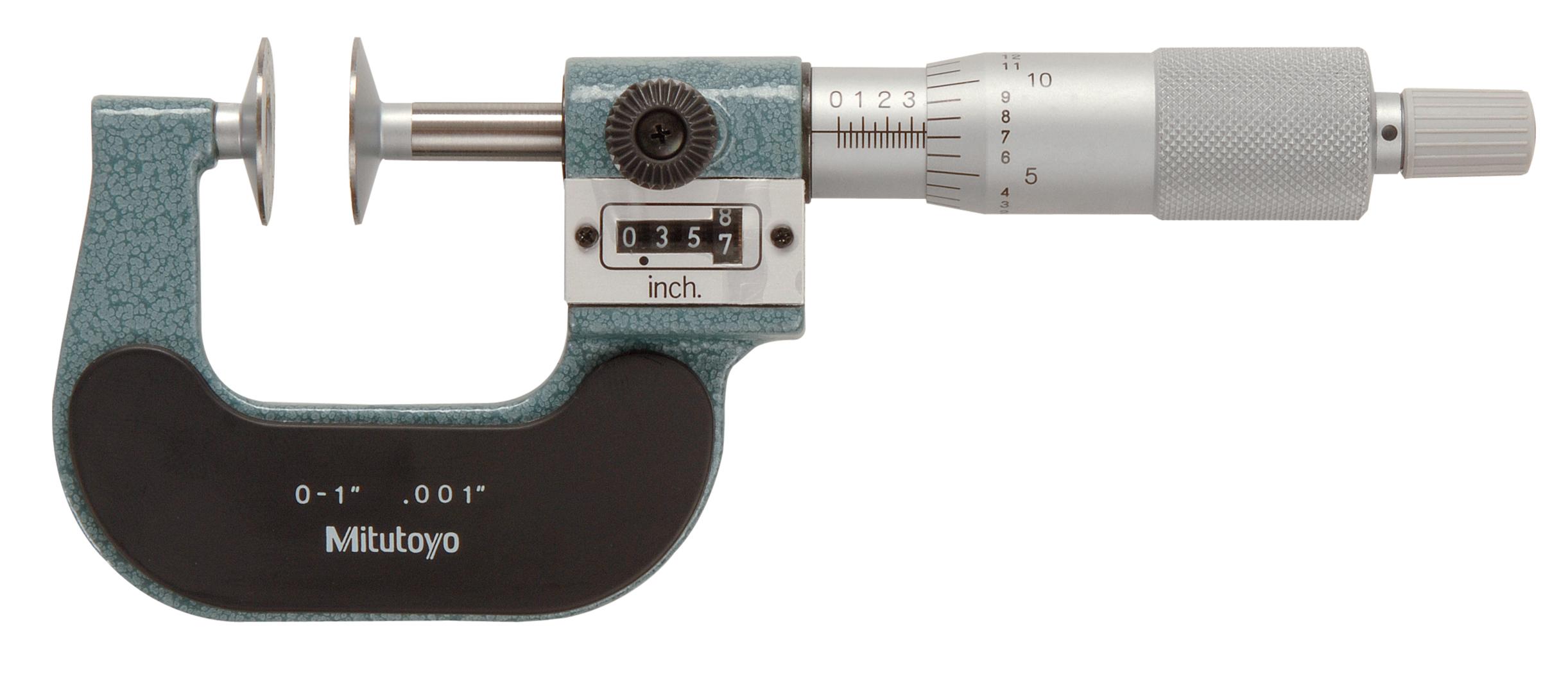 Mitutoyo, 223-125, 0-1 In, .001 In, Mechanical Counter Disk Micrometer, Ratchet Stop, +/-.0002 inch accuracy, 260 grams mass