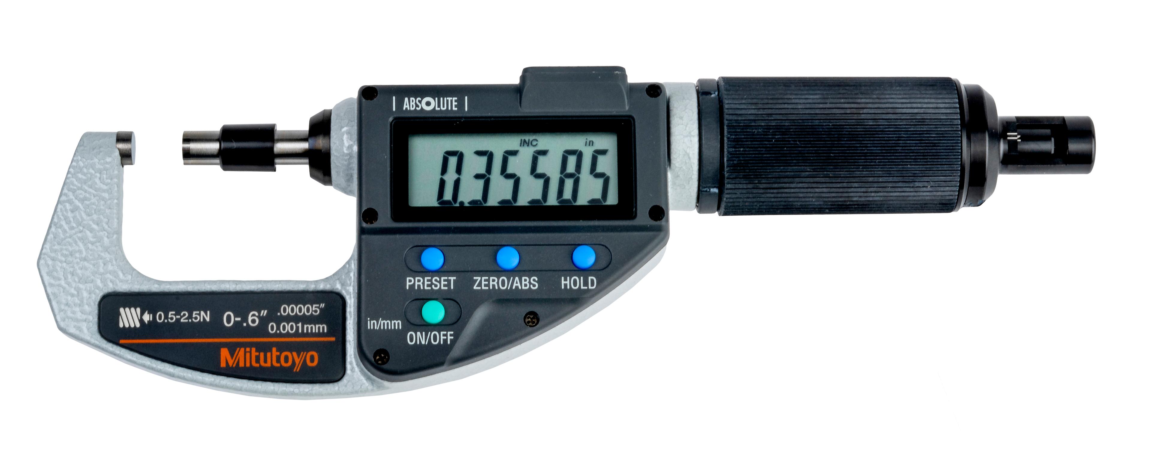 Mitutoyo, 227-211-20, Absolute Digital Micrometer, Adjustable Force Quickmike,  0-0.6 In  0.5-2.5N