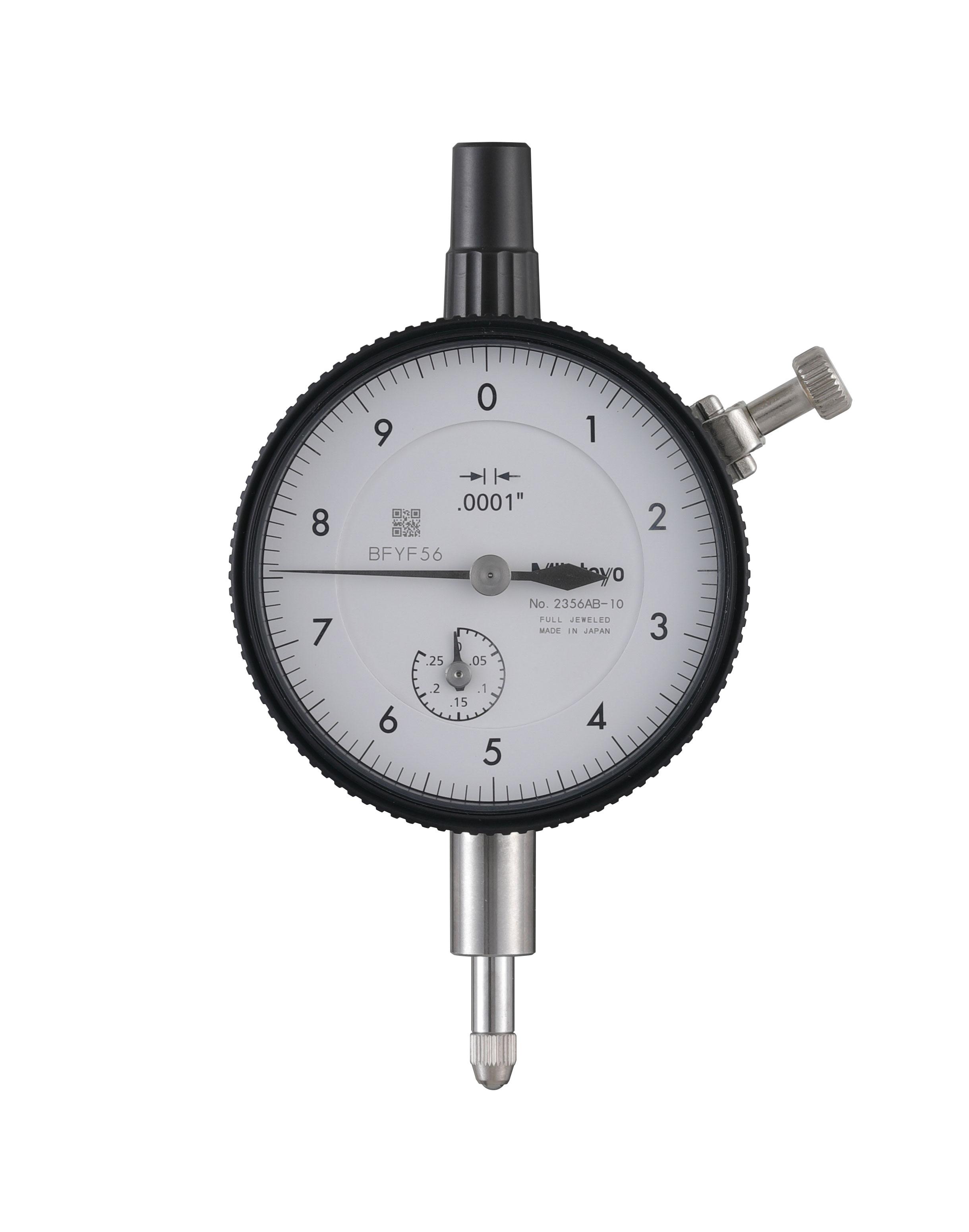 Mitutoyo, 2356AB-10, .0001 In, .25 In/(.01 In per rev), Dial Indicator, 0-10, Flat Back, 3/8 In stem, Series 2, Jeweled