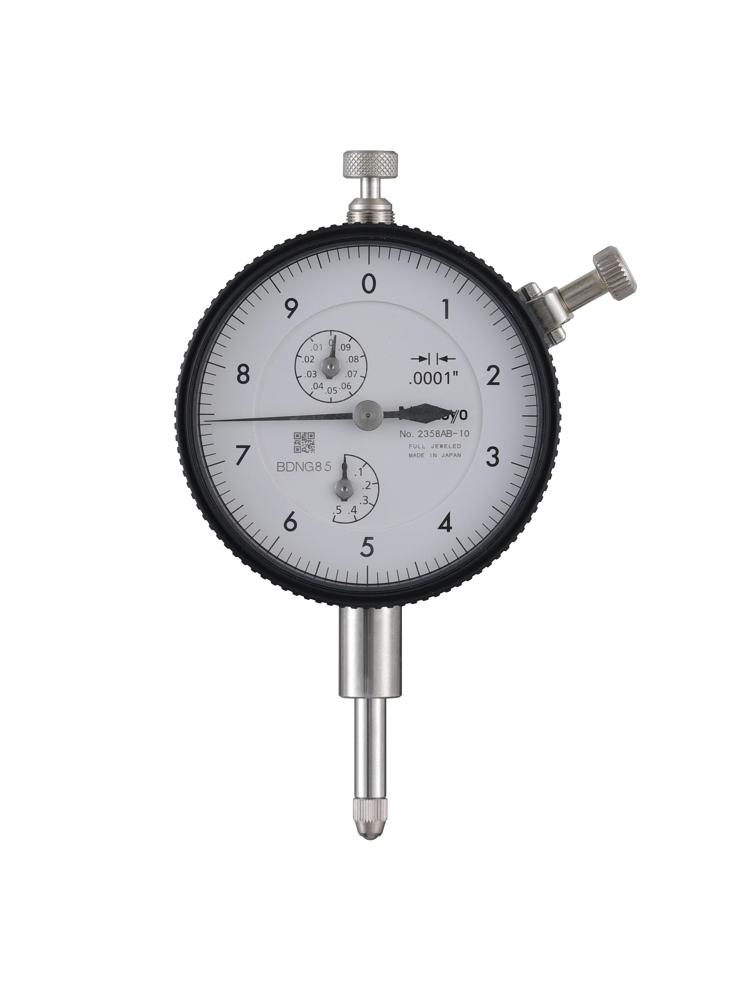 Mitutoyo, 2358AB-10, .0001 In, .5 In/(.01 In per rev), Dial Indicator, 0-10, Flat Back, 3/8 In stem, Series 2, Jeweled