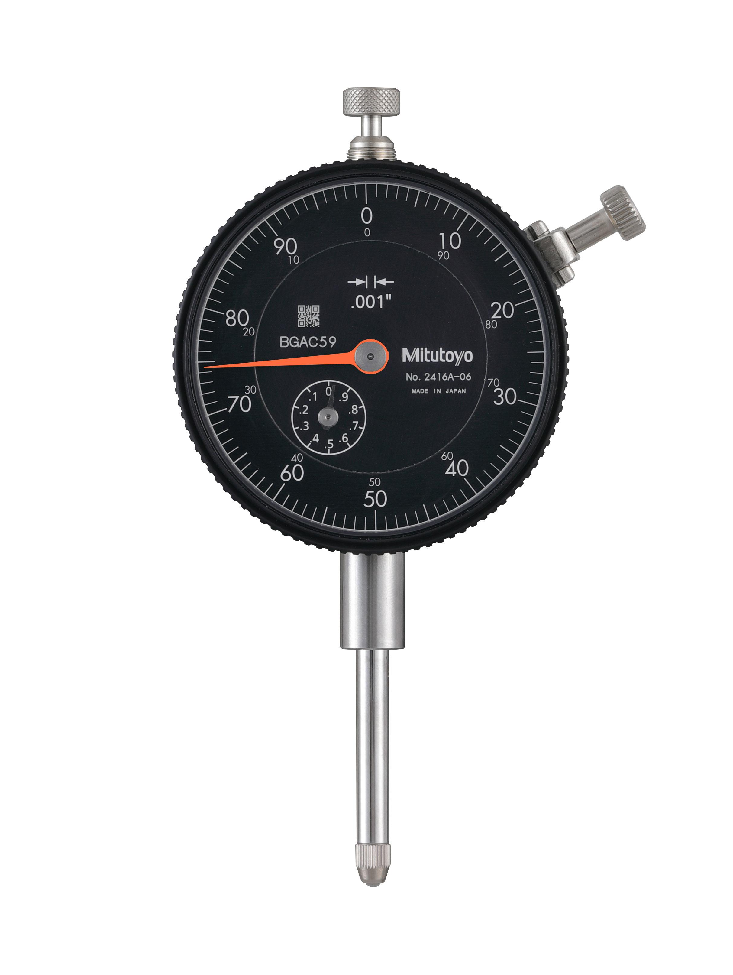Mitutoyo, 2416A-06, .001 In, 1 In/(.1 In per rev), Dial Indicator, 0-100, Lug Back, 3/8 In stem, Series 2, Black Face