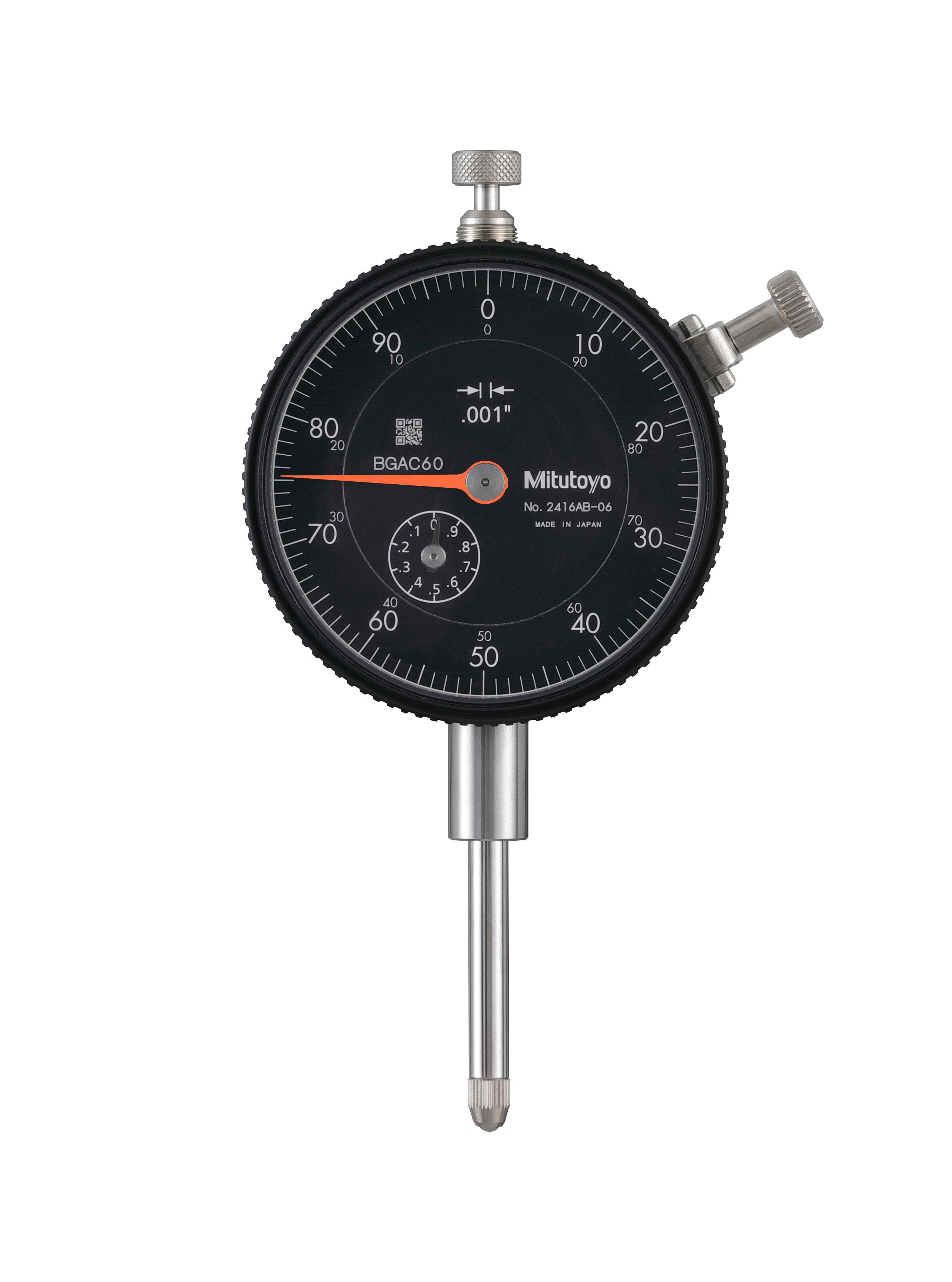 Mitutoyo, 2416AB-06, .001 In, 1 In/(.1 In per rev), Dial Indicator, 0-100, Flat Back, 3/8 In stem, Series 2, Black Face