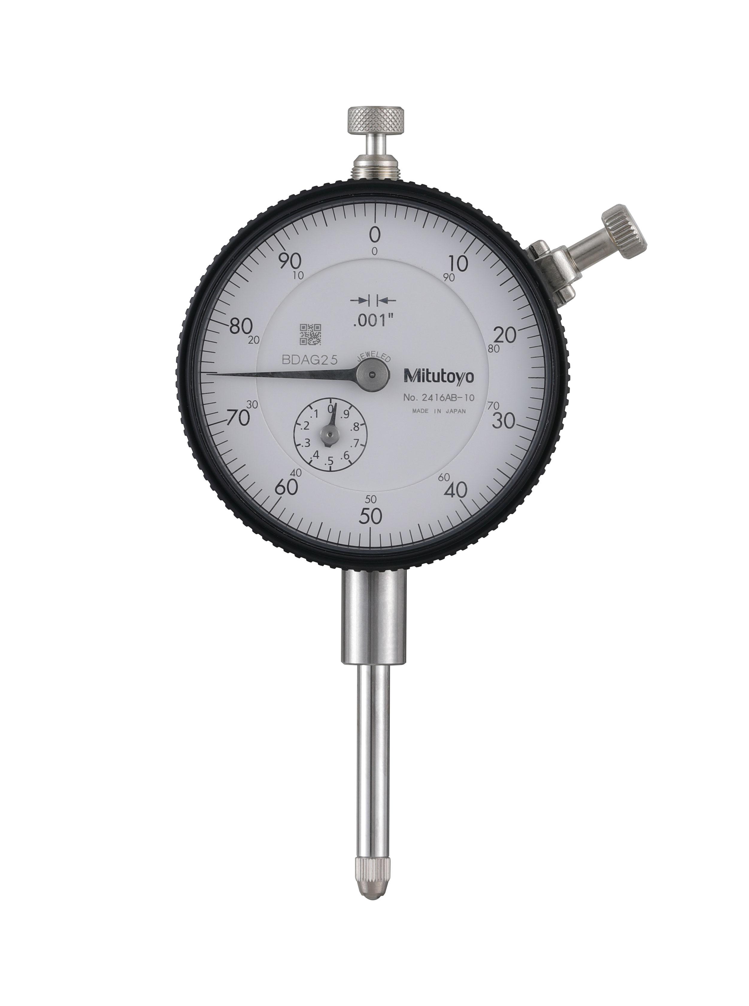 Mitutoyo, 2416AB-10, .001 In, 1 In/(.1 In per rev), Dial Indicator, 0-100, Flat Back, 3/8 In stem, Series 2, Jeweled