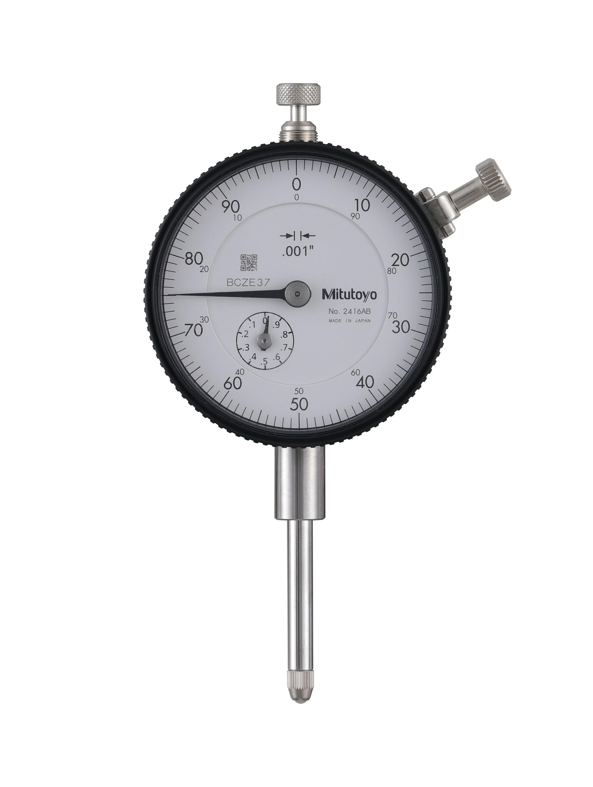 Mitutoyo, 2416AB, .001 In, 1 In/(.1 In per rev), Dial Indicator, 0-100, Flat Back, 3/8 In stem, Series 2