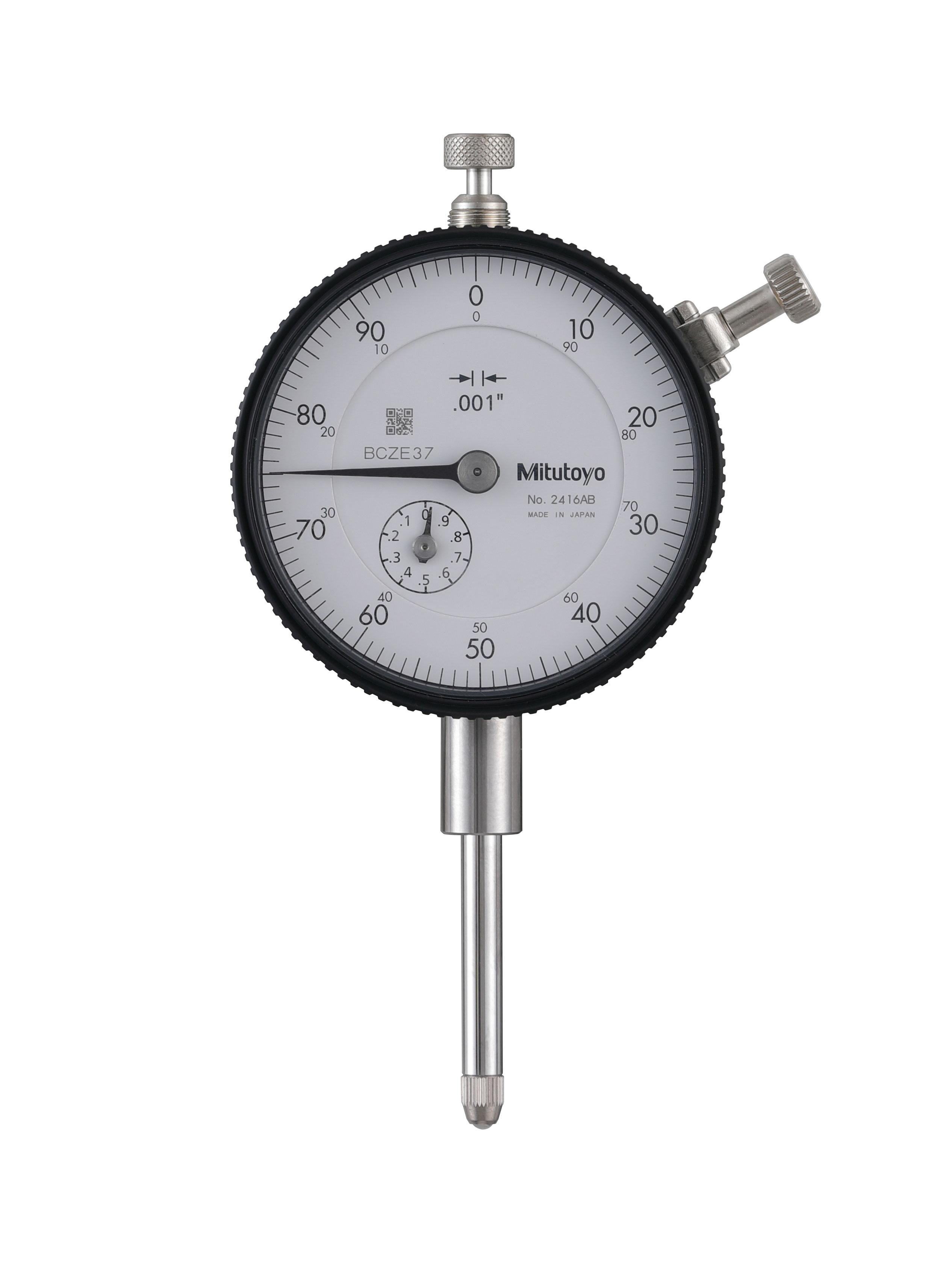 Mitutoyo, 2416AB, .001 In, 1 In/(.1 In per rev), Dial Indicator, 0-100, Flat Back, 3/8 In stem, Series 2