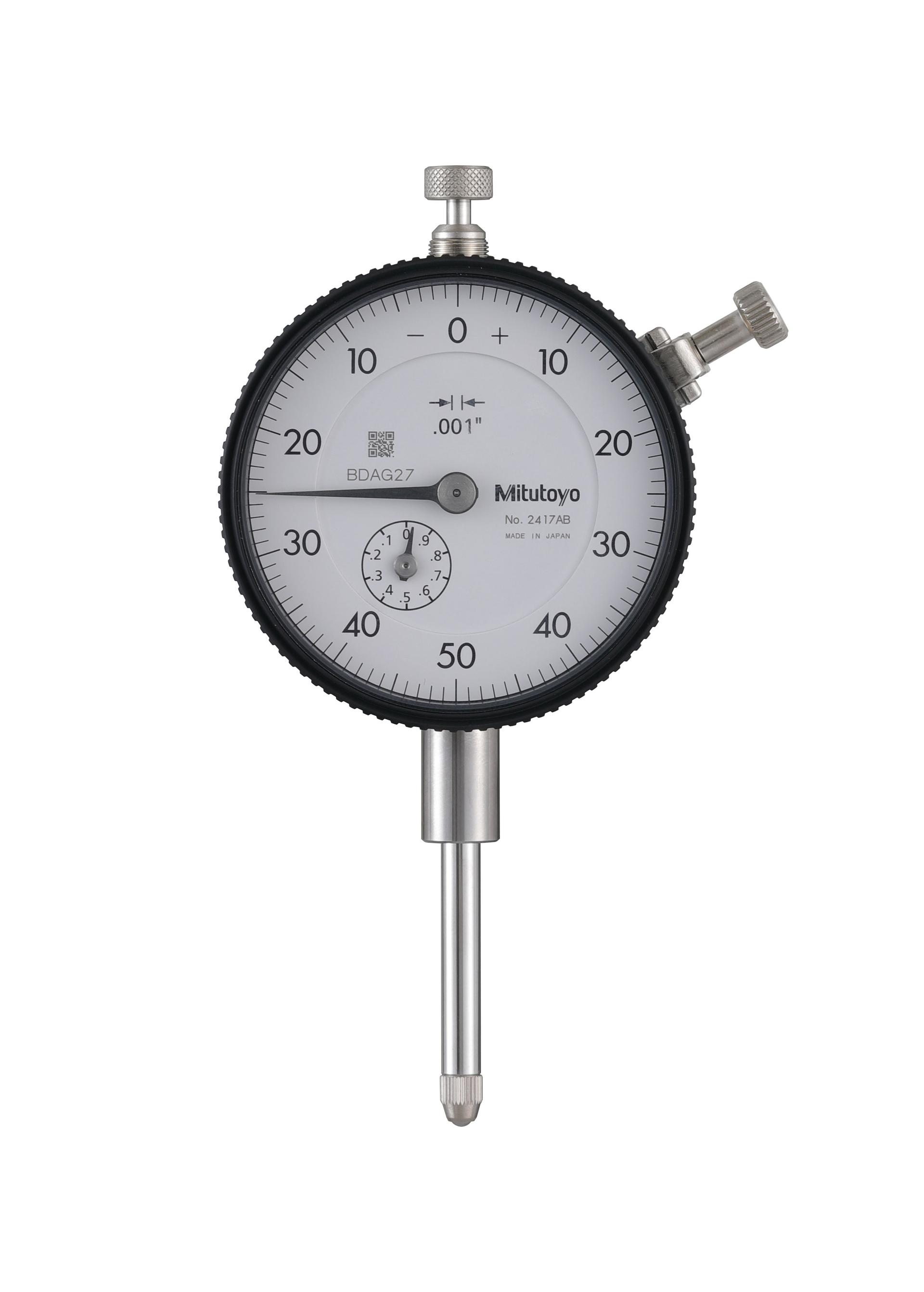 Mitutoyo, 2417AB, .001 In, 1 In/(.1 In per rev), Dial Indicator, 0-50-0, Flat Back, 3/8 In stem, Series 2