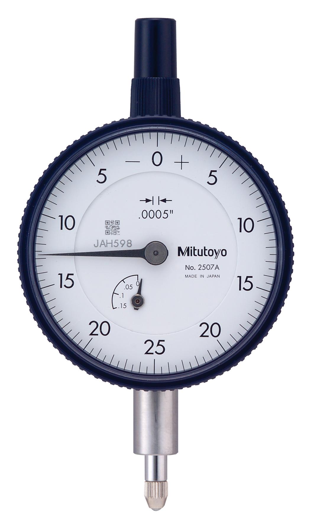 Mitutoyo, 2507A, .0005 In, .125 In/(.05 In per rev), Dial Indicator, 0-25-0, Lug Back, 3/8 In stem, Series 2