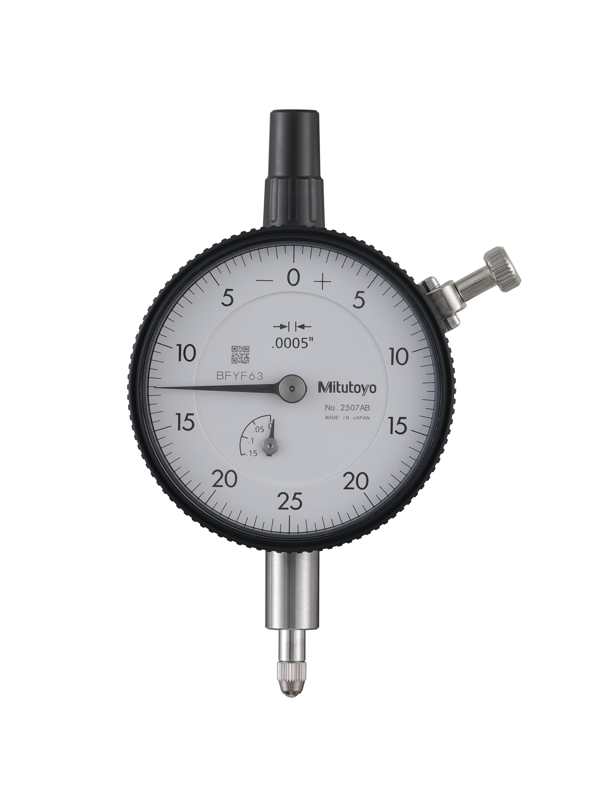 Mitutoyo, 2507AB, .0005 In, .125 In/(.05 In per rev), Dial Indicator, 0-25-0, Flat Back, 3/8 In stem, Series 2