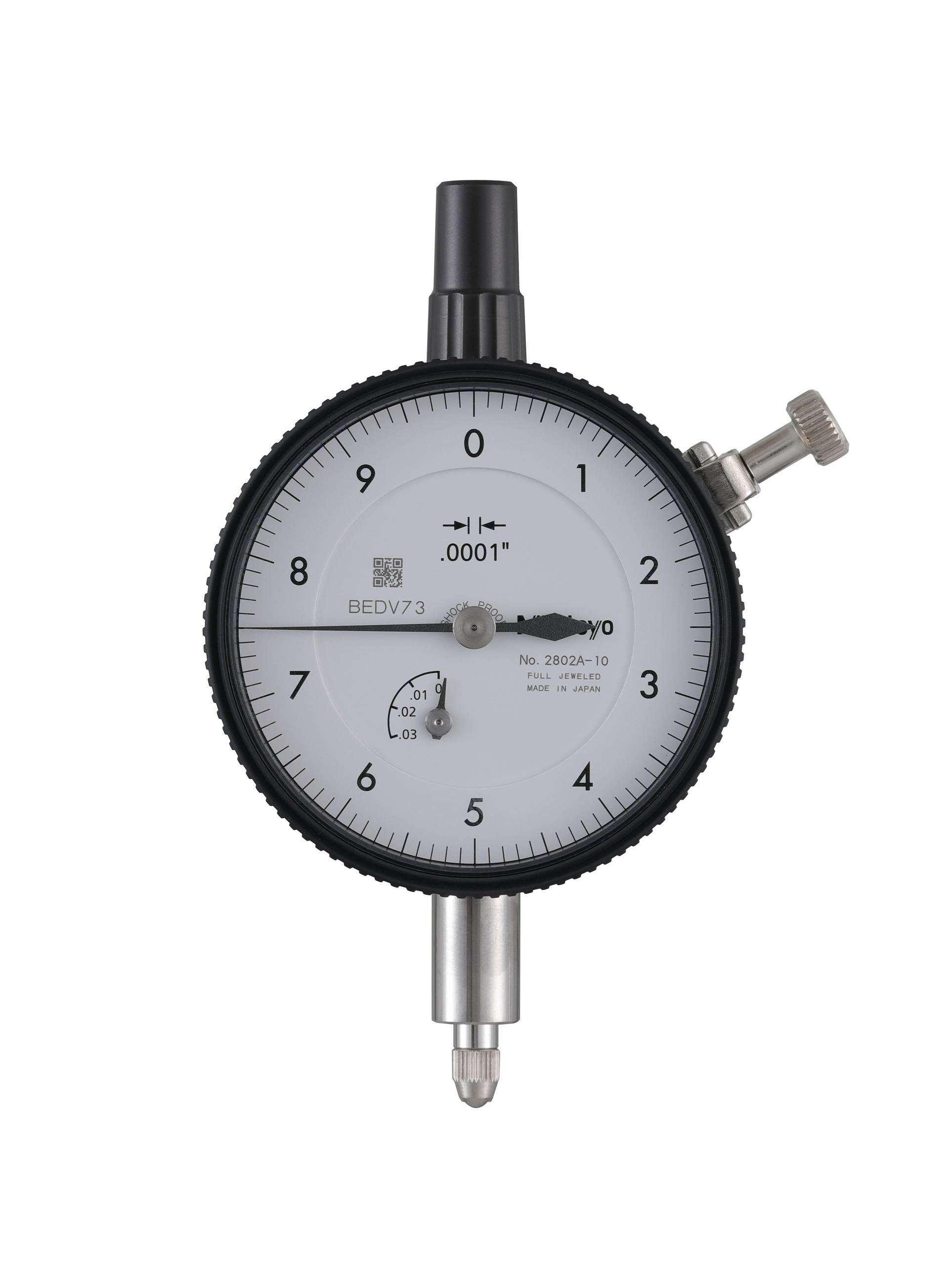 Mitutoyo, 2802A-10, .0001 In, .025 In/(.01 In per rev), Dial Indicator, 0-10, Lug Back, 3/8 In stem, Series 2, Shockproof, Jeweled