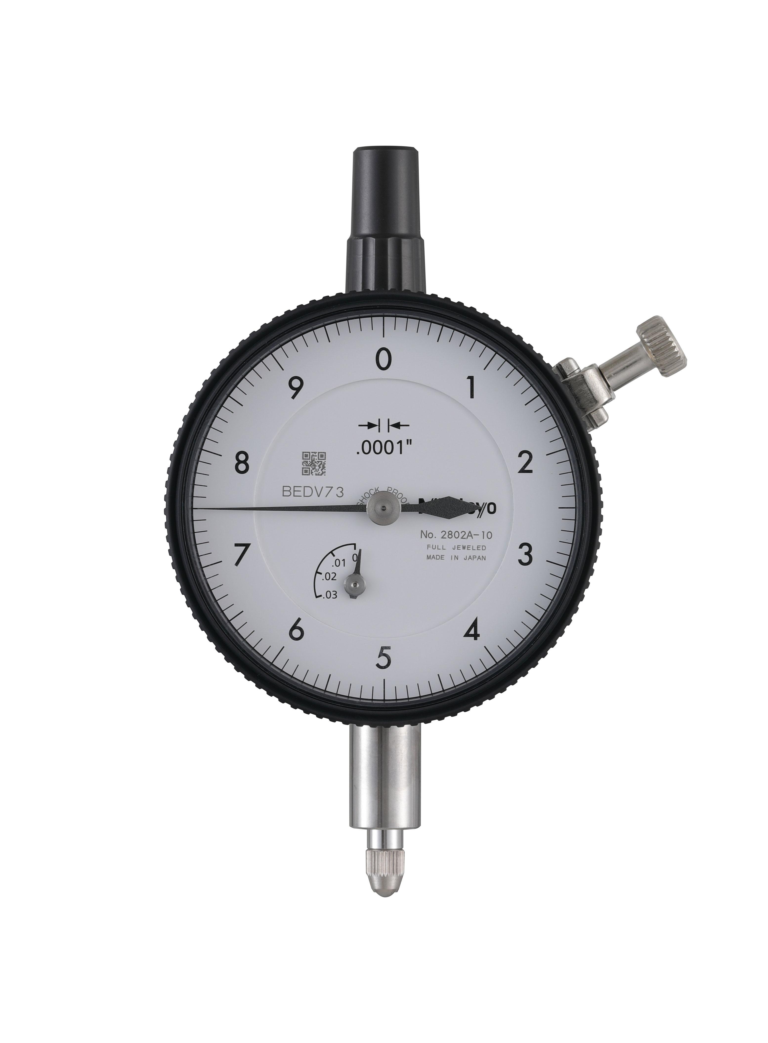 Mitutoyo, 2802A-10, .0001 In, .025 In/(.01 In per rev), Dial Indicator, 0-10, Lug Back, 3/8 In stem, Series 2, Shockproof, Jeweled