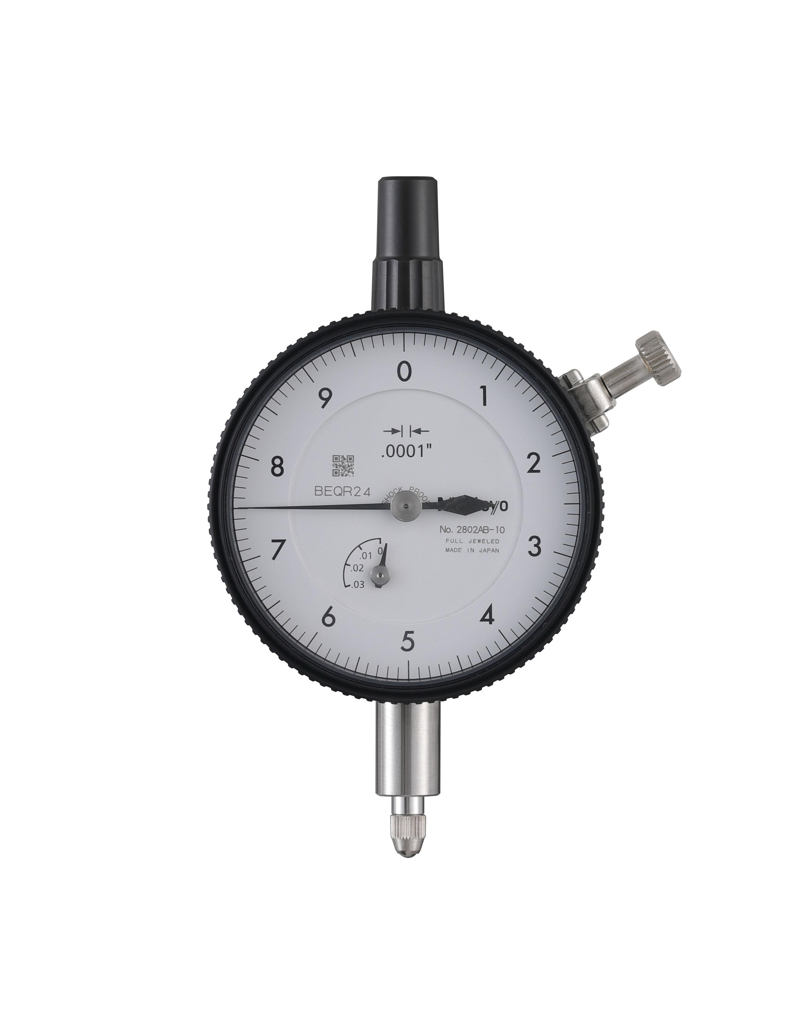 Mitutoyo, 2802AB-10, .0001 In, .025 In/(.01 In per rev), Dial Indicator, 0-10, Flat Back, 3/8 In stem, Series 2, Shockproof, Jeweled