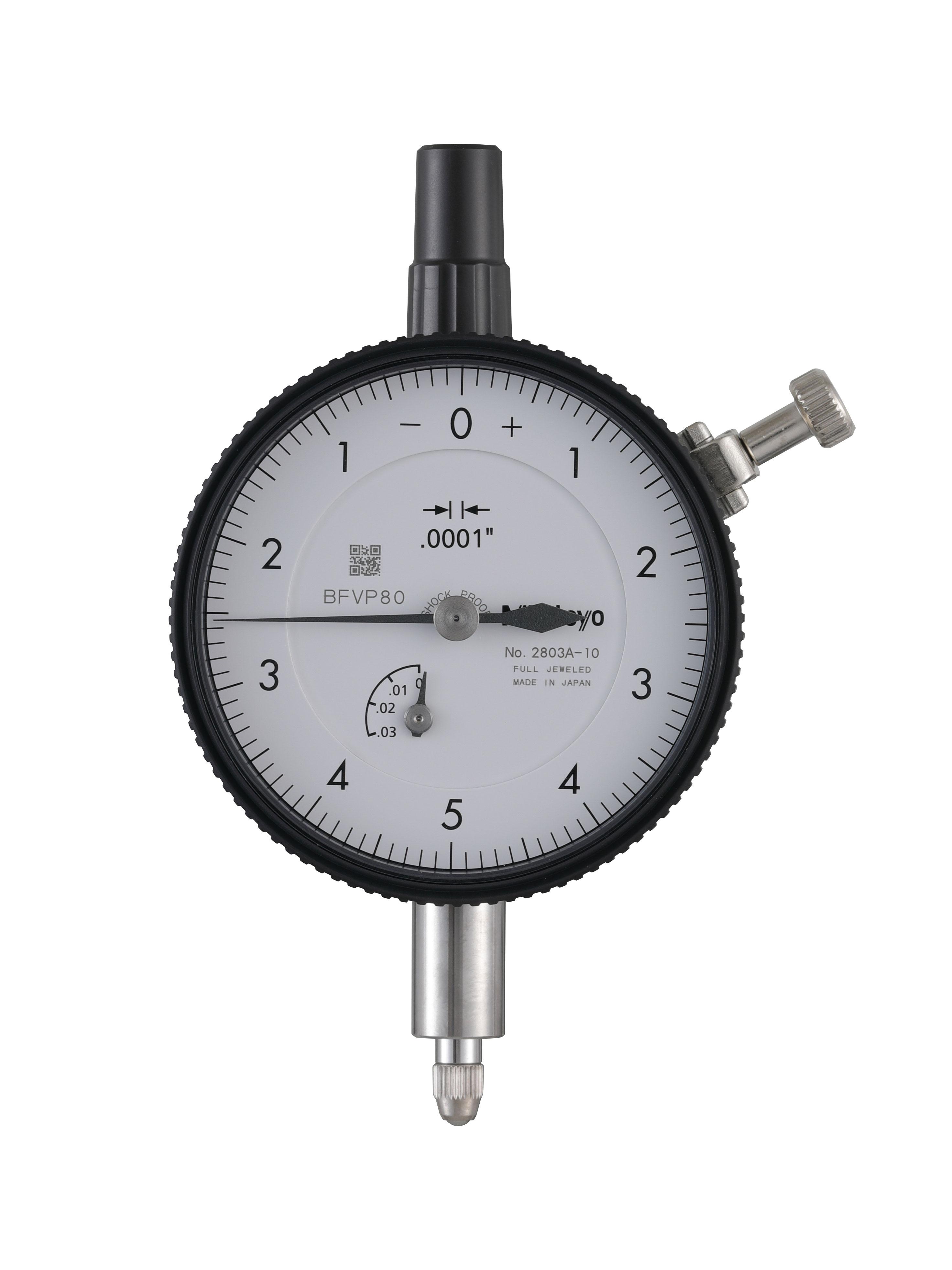 Mitutoyo, 2803A-10, .0001 In, .025 In/(.01 In per rev), Dial Indicator, 0-5-0, Lug Back, 3/8 In stem, Series 2, Shockproof, Jeweled