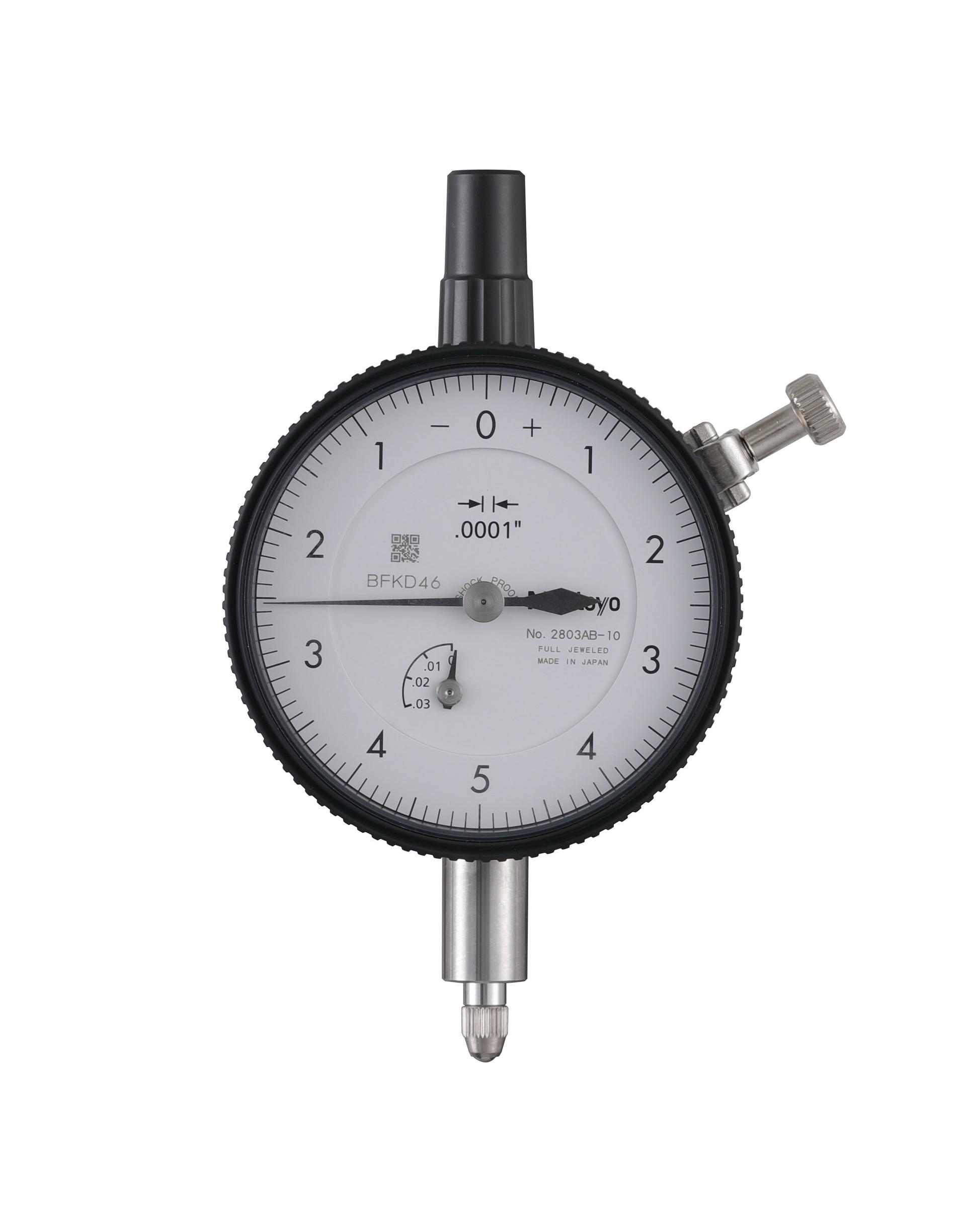 Mitutoyo, 2803AB-10, .0001 In, .025 In/(.01 In per rev), Dial Indicator, 0-5-0, Flat Back, 3/8 In stem, Series 2, Shockproof, Jeweled