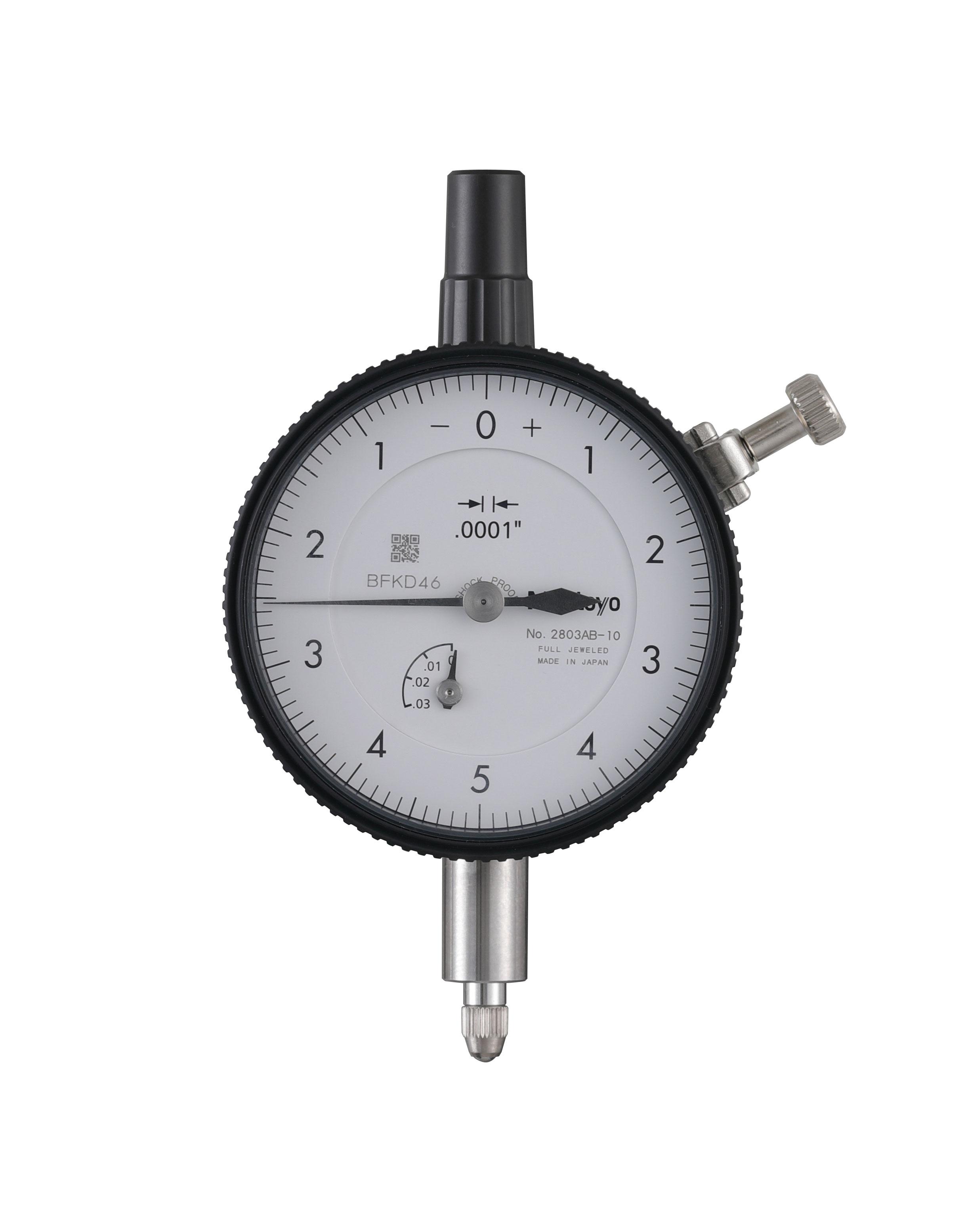 Mitutoyo, 2803AB-10, .0001 In, .025 In/(.01 In per rev), Dial Indicator, 0-5-0, Flat Back, 3/8 In stem, Series 2, Shockproof, Jeweled