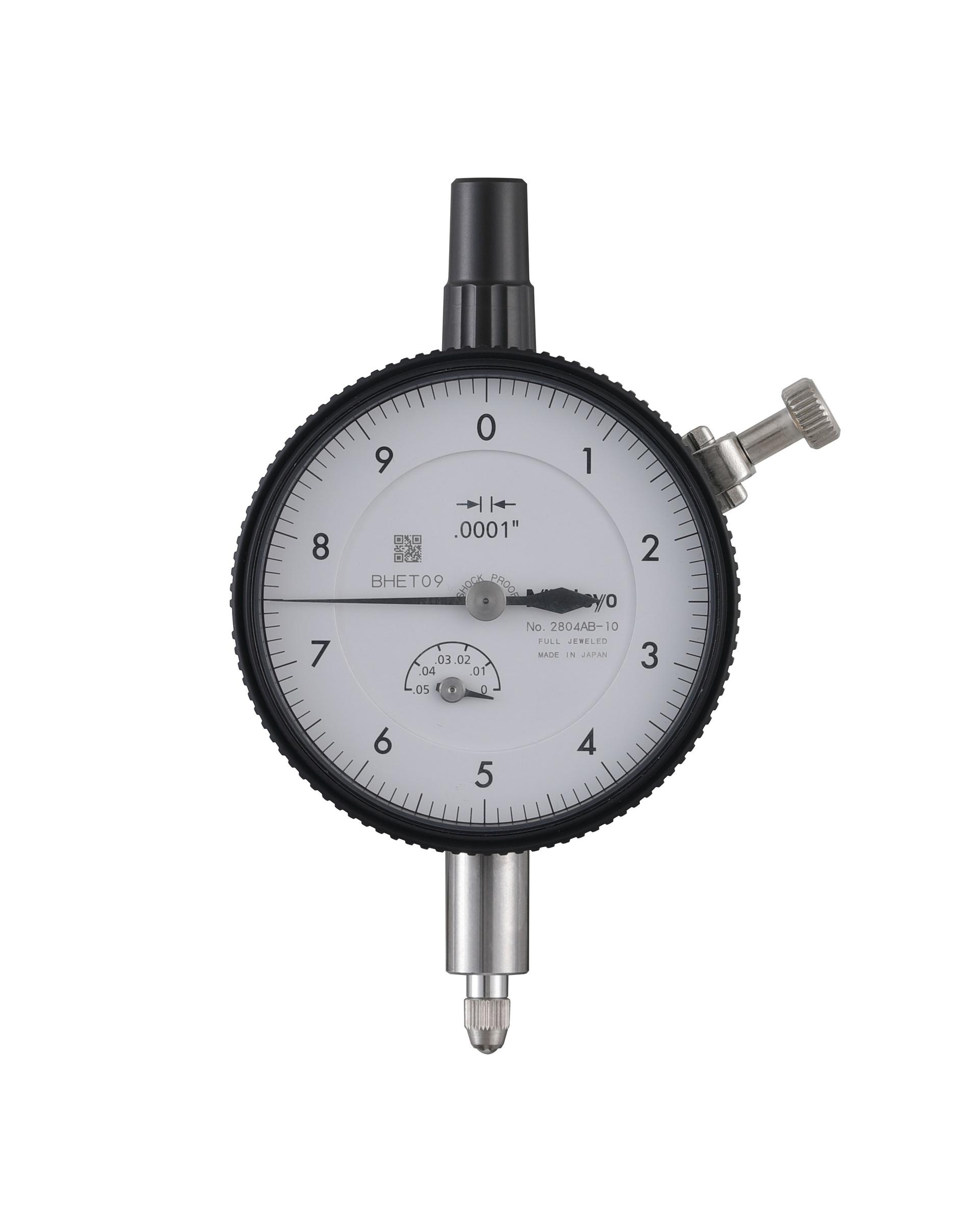 Mitutoyo, 2804AB-10, .0001 In, .05 In/(.01 In per rev), Dial Indicator, 0-10, Flat Back, 3/8 In stem, Series 2, Shockproof, Jeweled