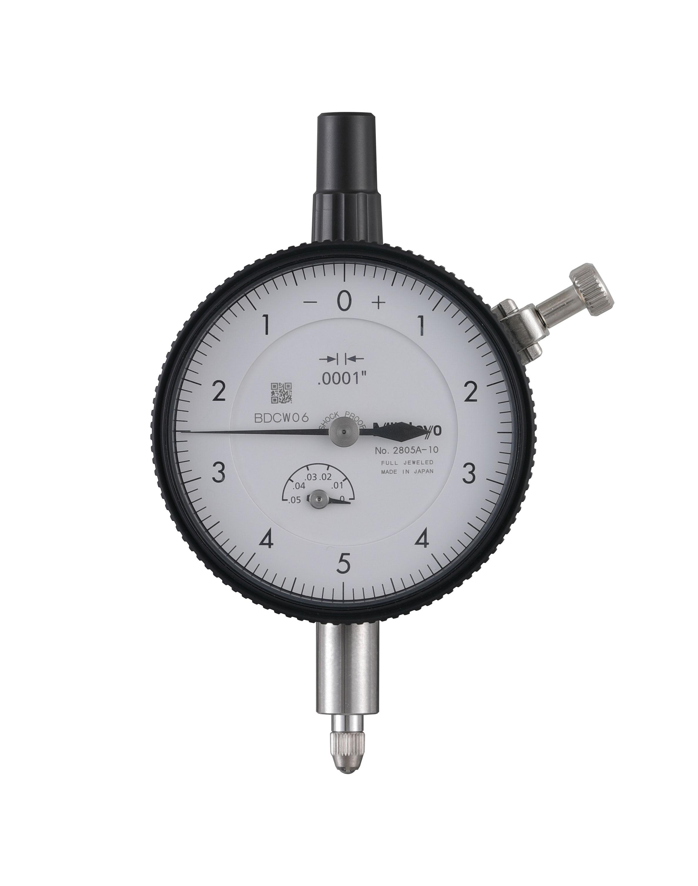 Mitutoyo, 2805A-10, .0001 In, .05 In/(.01 In per rev), Dial Indicator, 0-5-0, Lug Back, 3/8 In stem, Series 2, Shockproof, Jeweled