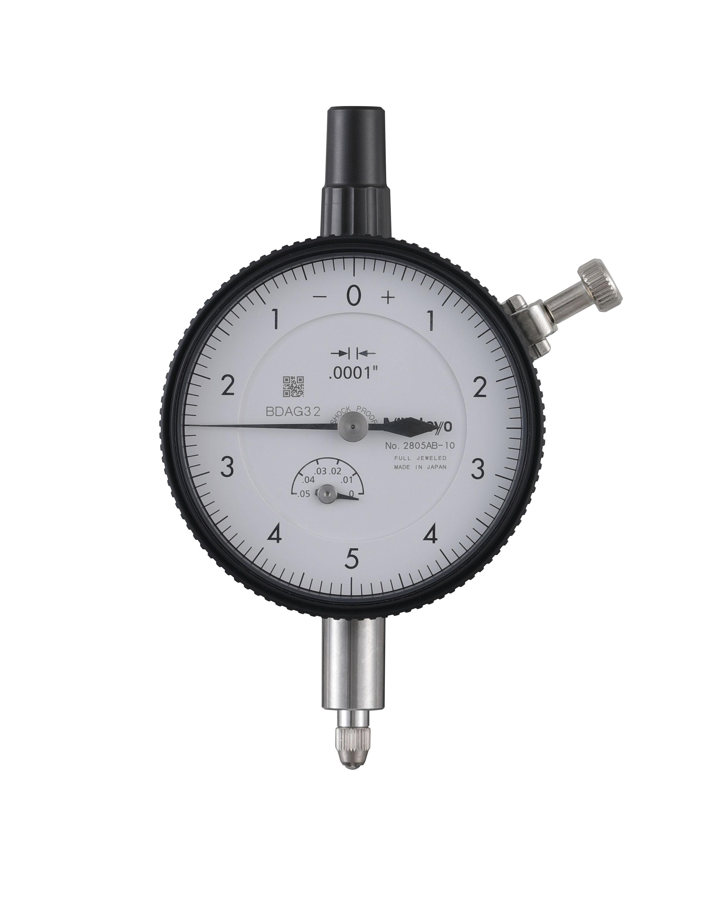 Mitutoyo, 2805AB-10, .0001 In, .05 In/(.01 In per rev), Dial Indicator, 0-5-0, Flat Back, 3/8 In stem, Series 2, Shockproof, Jeweled