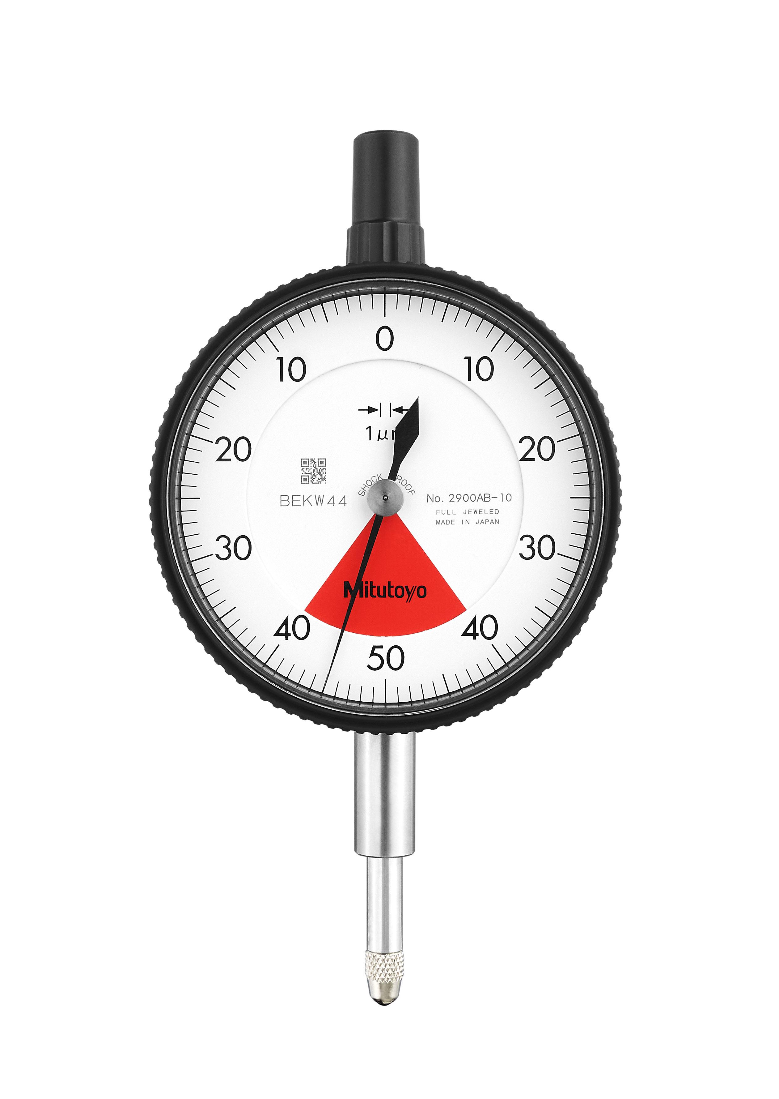 Mitutoyo, 2900AB-10, 0.001mm, 0.08mm/0.1mm, Dial Indicator, 40-0-40, Flat Back, 8mm stem, Series 2, One Rev, Shockproof, Jeweled