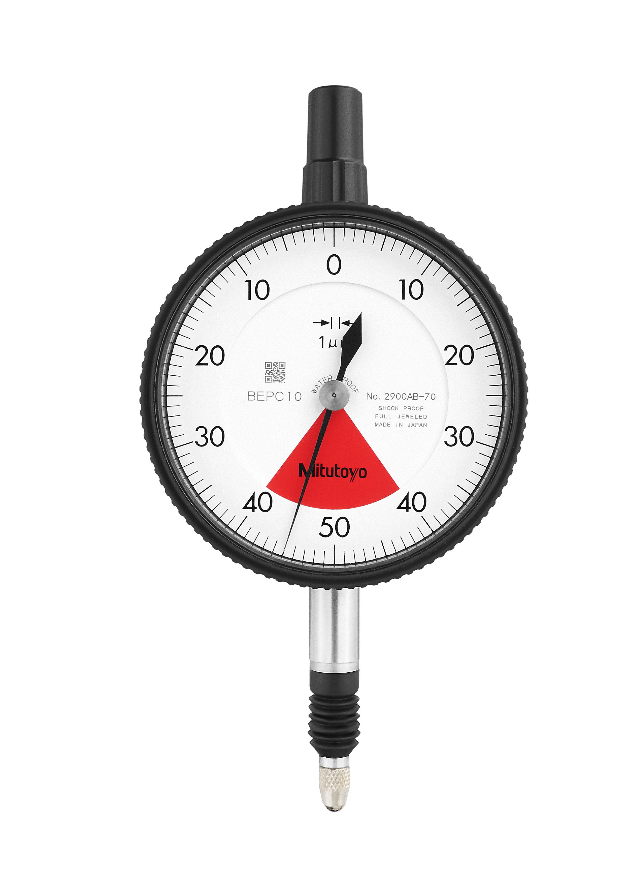 Mitutoyo, 2900AB-70, 0.001mm, 0.08mm/0.1mm, Dial Indicator, 40-0-40, Flat Back, 8mm stem, Series 2, One Rev, Shockproof, Jeweled